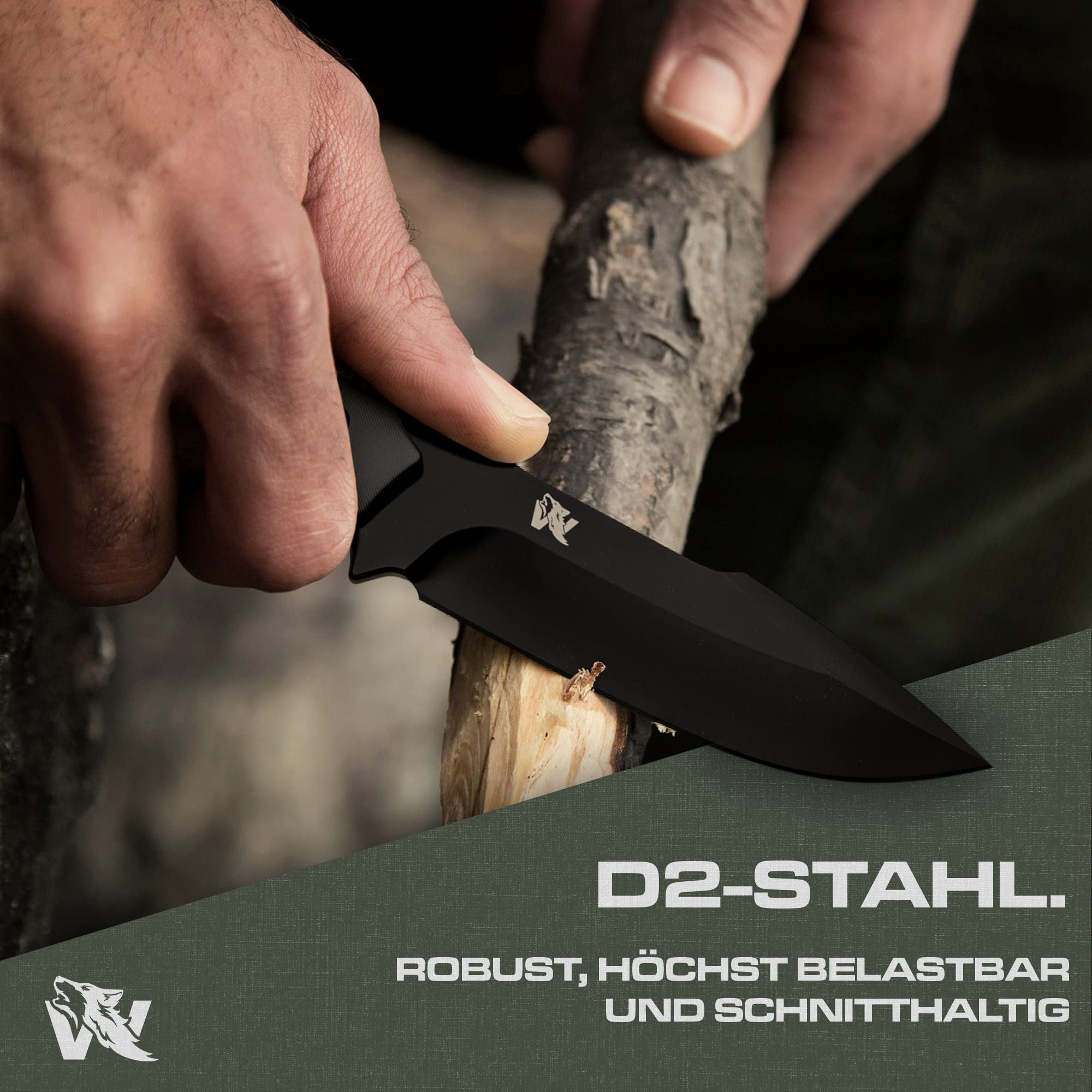 ODENWOLF Nóż outdoorowy AMBULO z kaburą Kydex – szlachetny nóż myśliwski wykonany z jednego kawałka stali D2 – nóż DAS Bushcraft – idealny nóż survivalowy