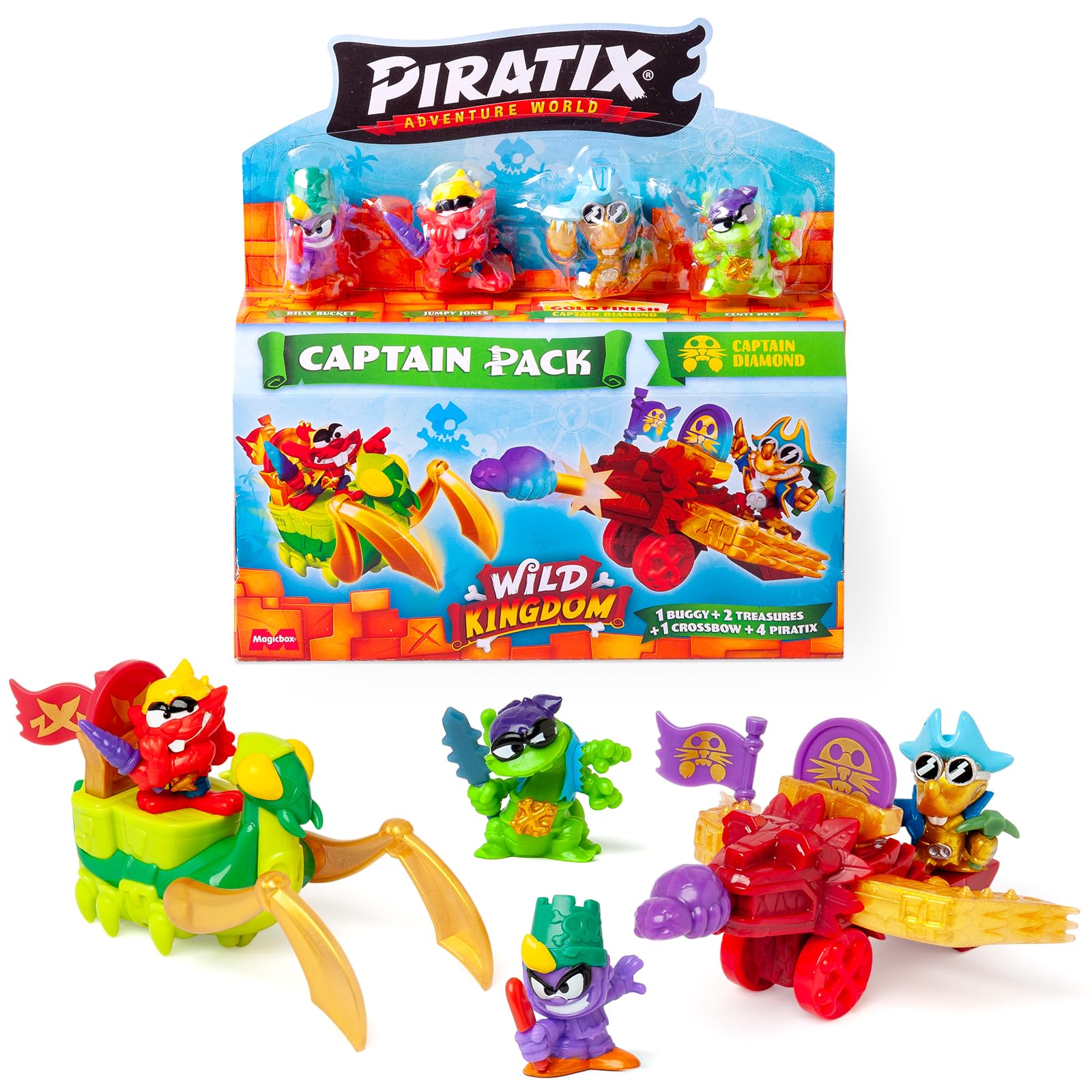 PIRATIX Adventure World Serie Wild Kingdom, Captain Pack Diamond – Incluye 4 Piratix, 1 capitán Dorado, 4 Accesorios ‘Color Change’, 1 Buggy, 1 Ballesta, 2 Tesoros exclusivos, 2 Banderas. Pack 1/6