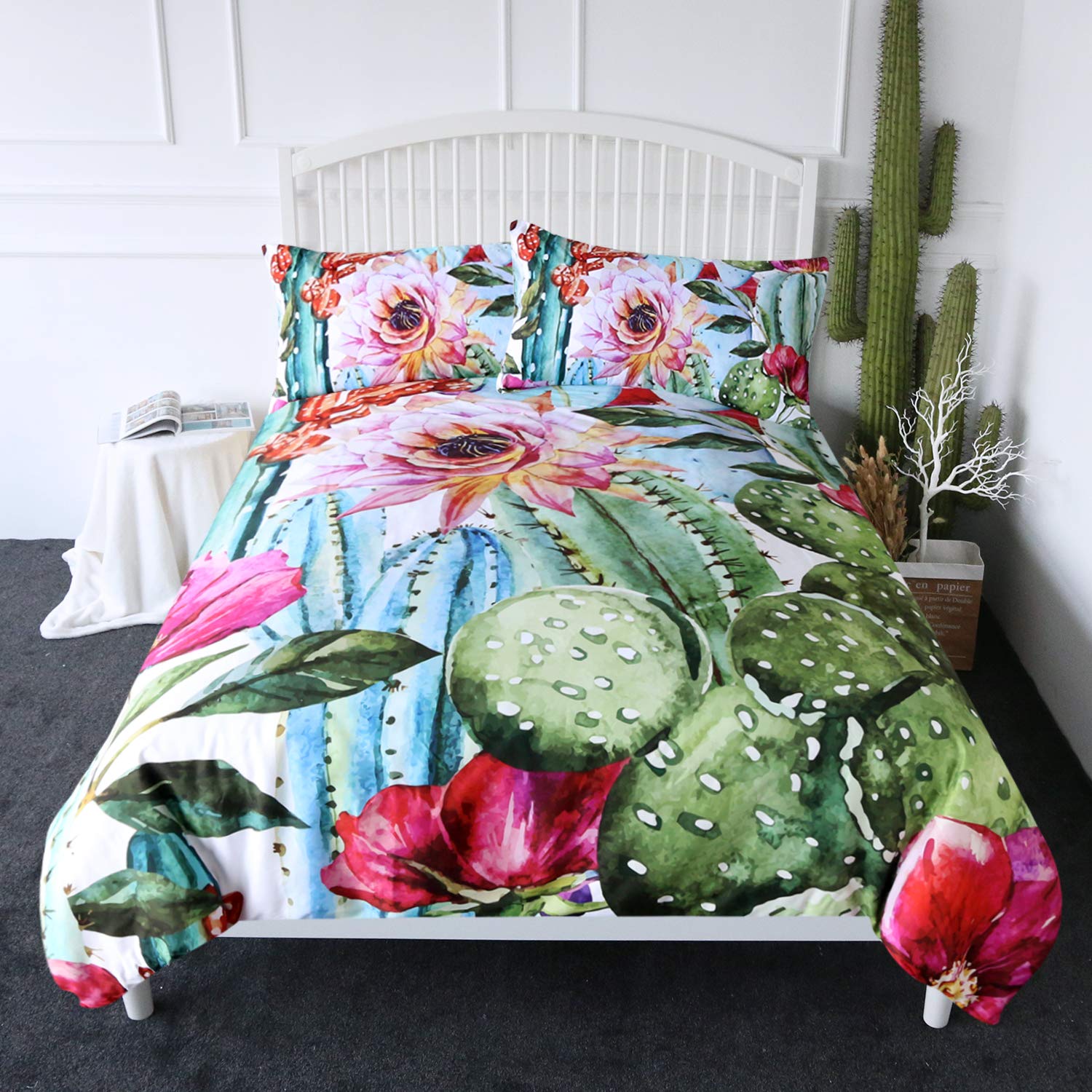 ARIGHTEX Cactus Duvet Cover Set Boho Style Succulent Flowers Bedding Green Plants Bed Comforter Cover Sets 3 Piece Exotic Natural Vintage Watercolor Pattern Bed Spreads (King)