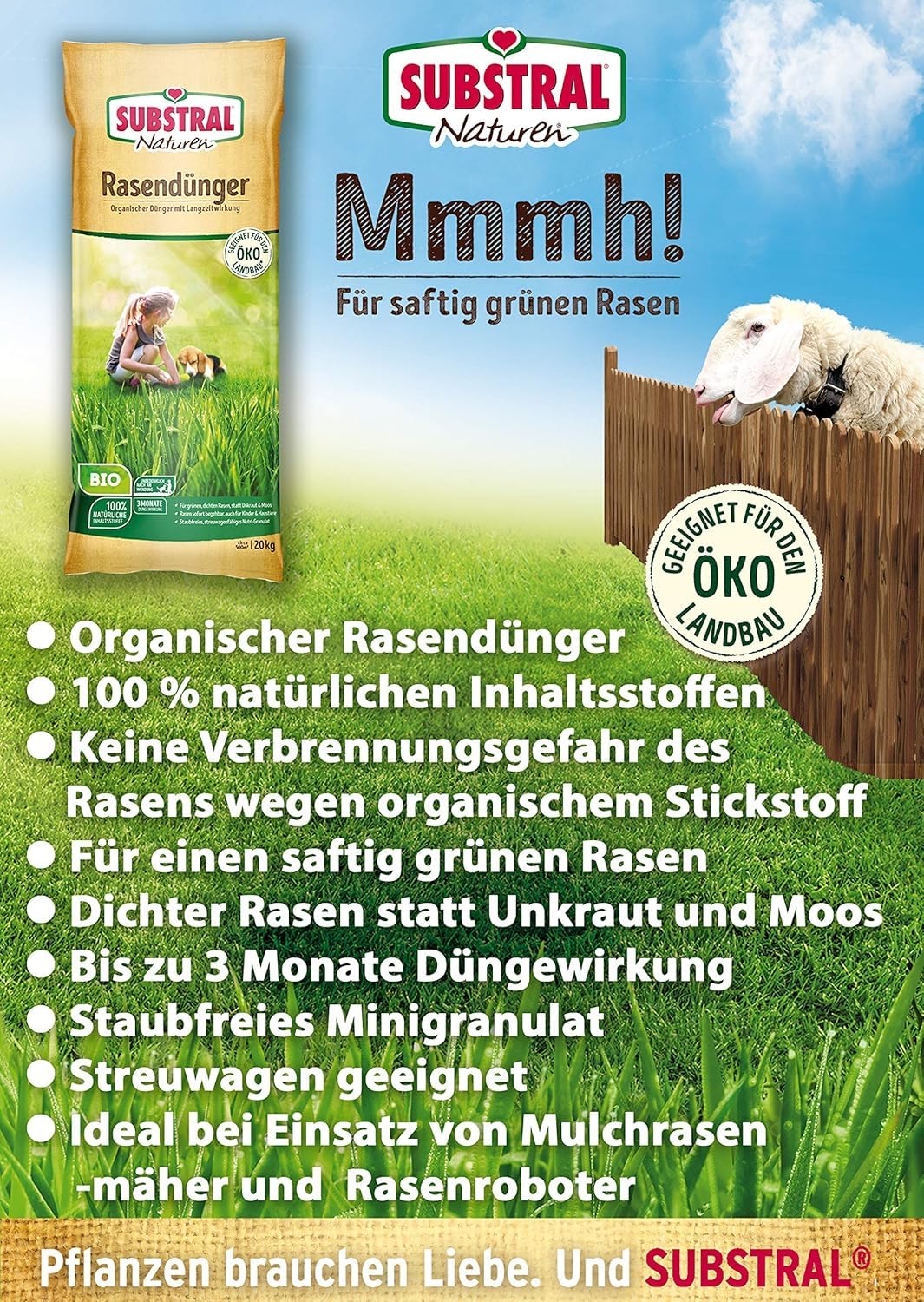 Substral Naturen Bio Rasendünger 20kg organischer Volldünger 3 Monate Langzeitwirkung alle Rasenarten bis 500 m²