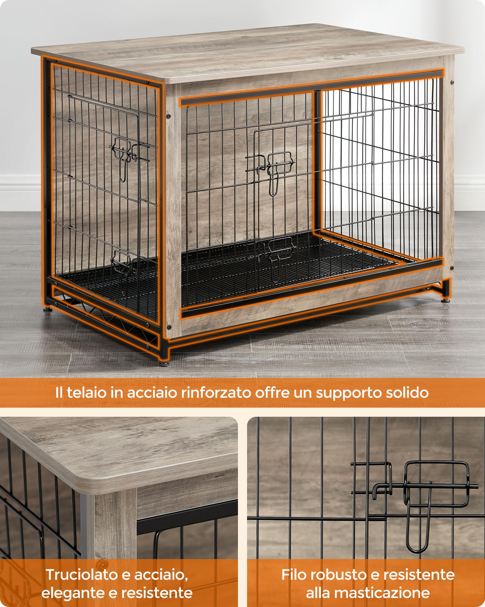 Feandrea Gabbia per Cani, Mobile Tavolino, Cuccia Moderna da Interno per Cani fino a 32 kg, Gabbia per Cuccioli, Vassoio Multiuso Rimovibile, Casetta per Animali, 2 Porte, Greige PFC003G01