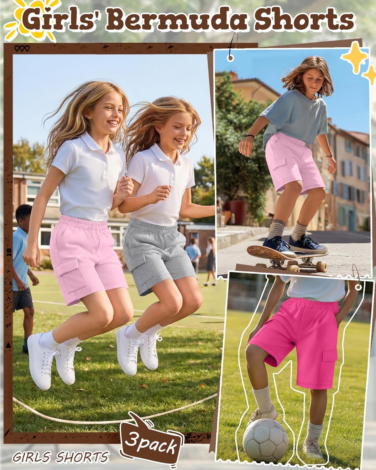 3 Pack Girls' Bermuda Cargo Shorts Kids Knee-Length Athletic Shorts with Pockets Elastic Waist Summer Clothes 5-14Y