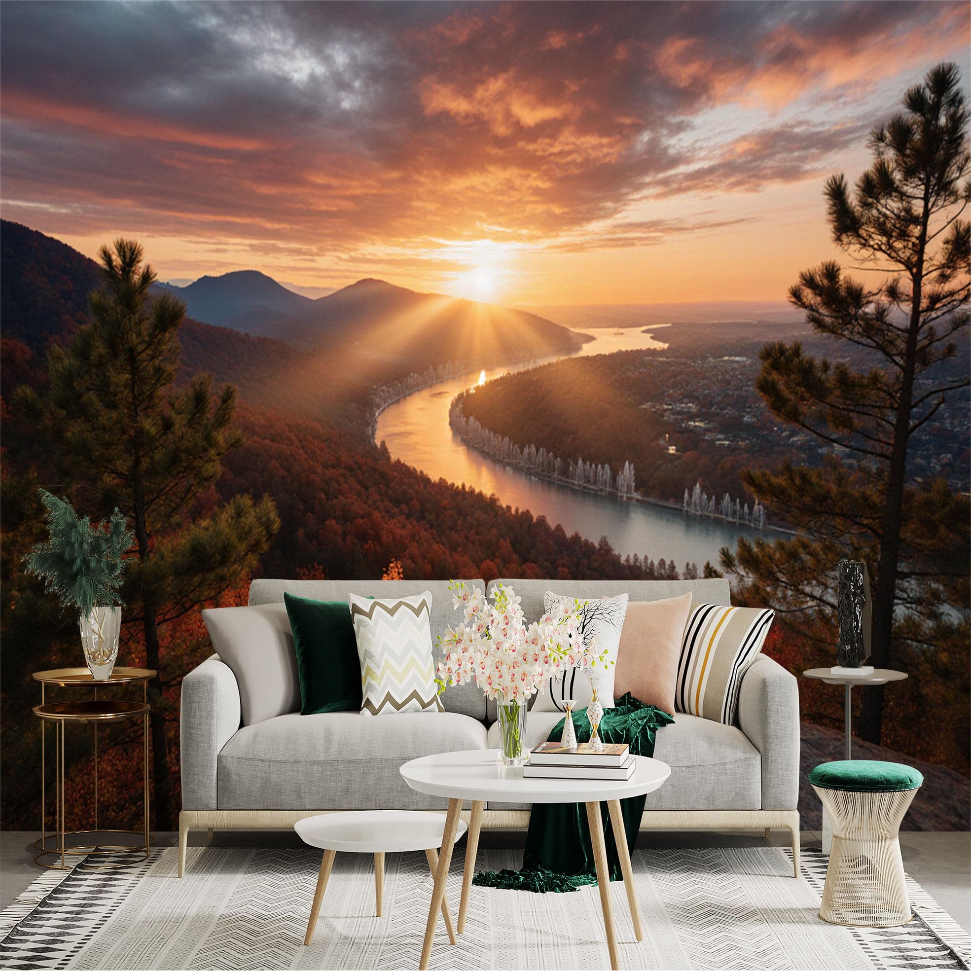 Lnzczhyre Xc260505894 Custom Size Wall Sticker Mural， Sunset Over Mountain River， Autumn Forest Landscape， Golden Hour Scenery， For Wall Decoration， Peelandstick Wall Decals.