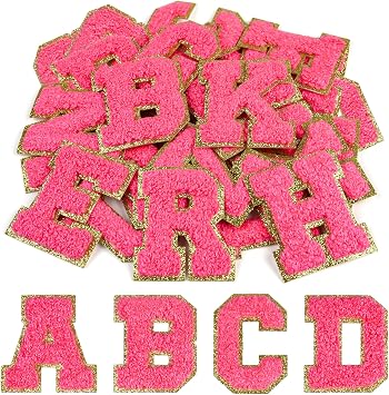 CHRORINE 26/52/104 Pcs Self Adhesive Chenille Letter Patches A-Z, Also Supports Sew or Iron on, Embroidered Alphabet Patches Stickers for DIY Clothing, Bags, Hats (104, Rose Red, Height 2.16)