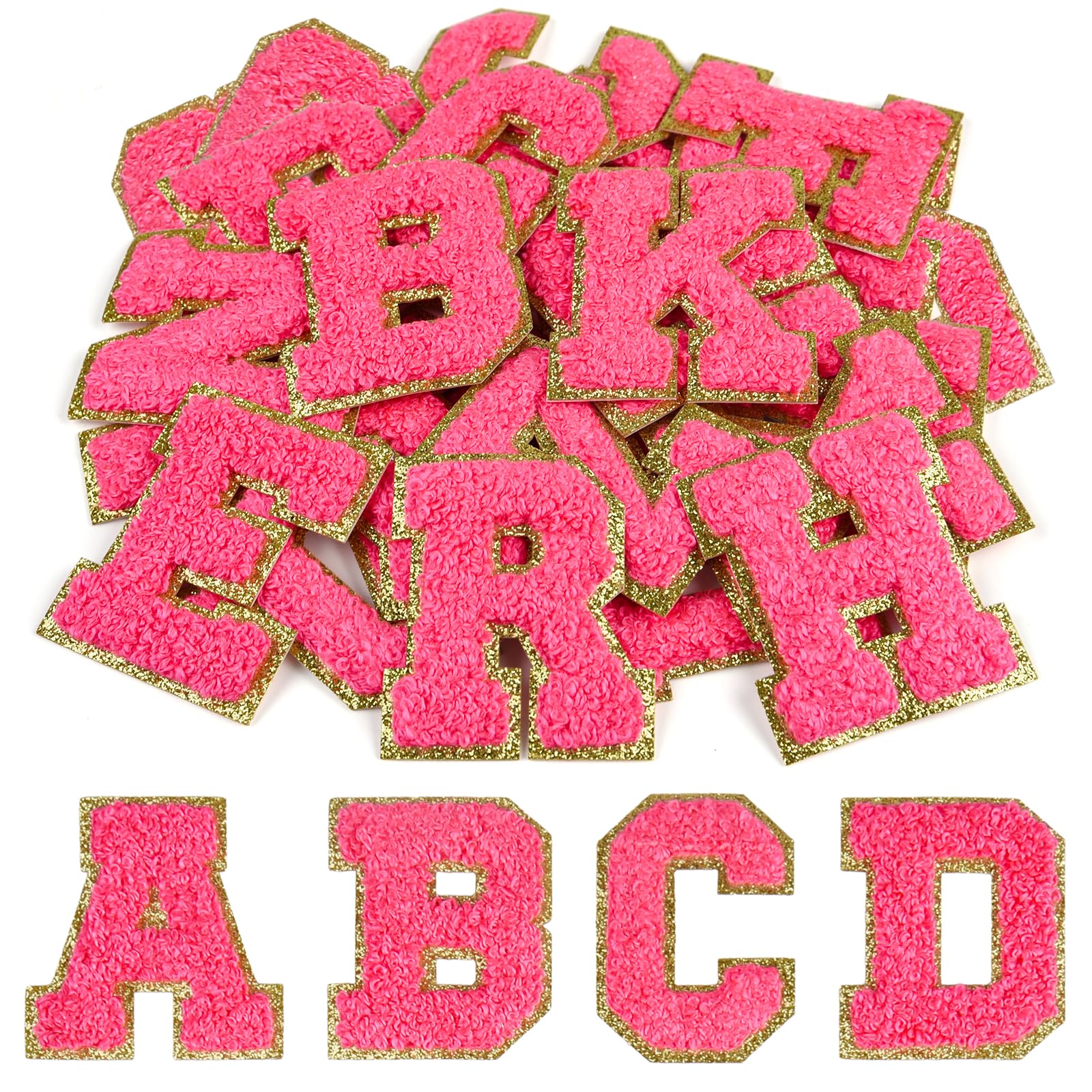CHRORINE 26/52/104 Pcs Self Adhesive Chenille Letter Patches A-Z, Also Supports Sew or Iron on, Embroidered Alphabet Patches Stickers for DIY Clothing, Bags, Hats (26, Rose Red, Height 2.16″)