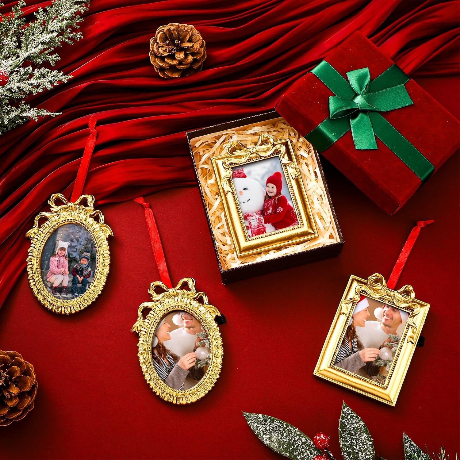 Leinuosen 8 Pcs Mini Vintage Picture Frames Hanging Ornaments for Christmas Tree, Gold Bow Picture Frames Antique Rectangle Photo Frame Ornaments for Display Home Wedding Gallery Xmas Tree Art Decor