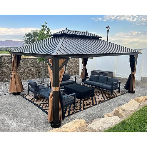 PURPLE LEAF 13' X 17' Outdoor Hardtop Gazebo Patio Wide Aluminum Frame Metal Double Roof with Heavy Duty Netting and Curtains for Permanent Hard Top Pavilion Screen Khaki