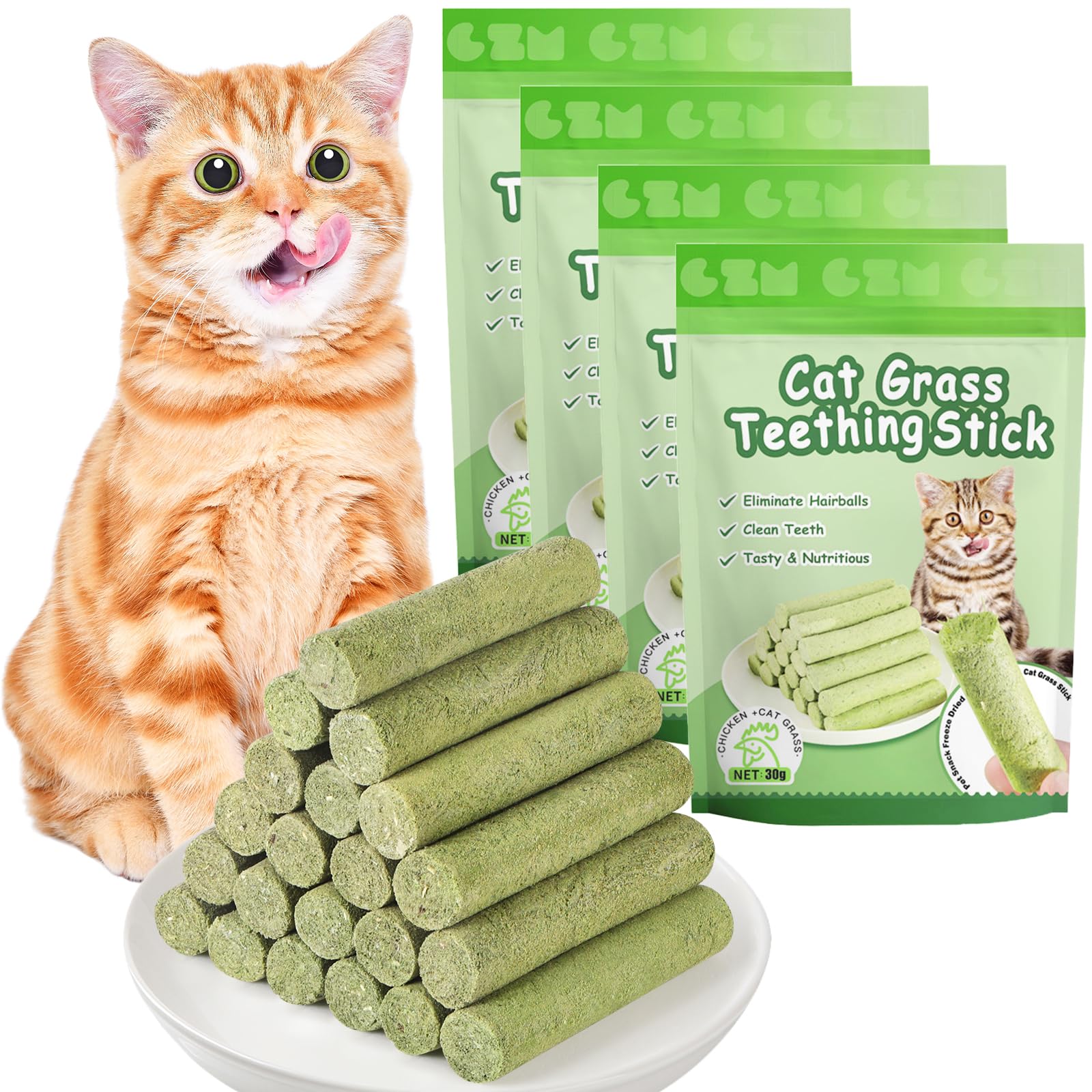 OSDUE 24 Stück Katzengras Snack, Cat Grass Teething Stick, Katzengras Sticks Gefriergetrocknet Snacks für Katzen, Katzenminze, Beißstab aus katzengras, für die Zahnpflege und Haarknäuel Entfernen