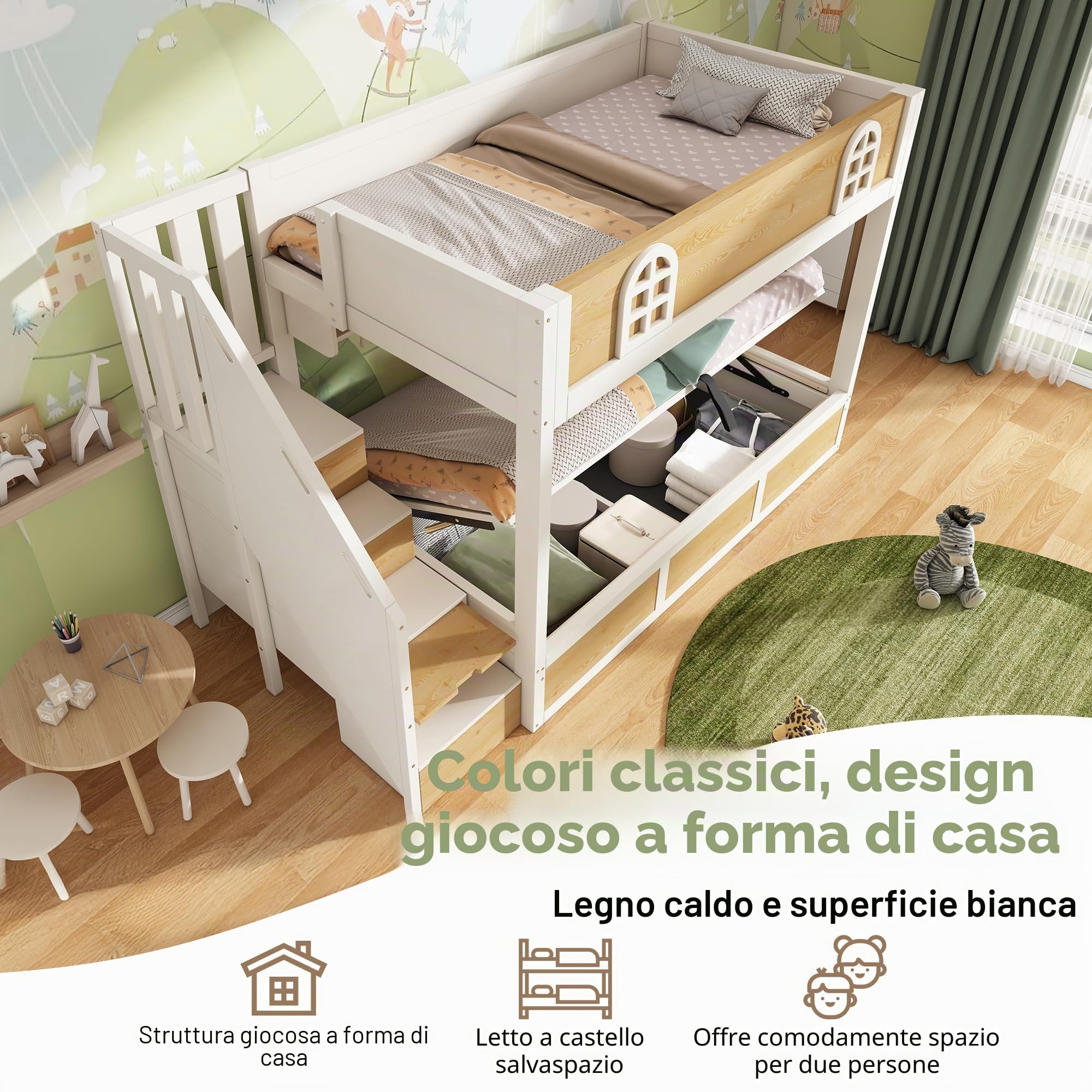 Dolamaní Letto a castello in legno 90 x 200 cm per 2 persone, con spazio di archiviazione idraulico, scala, reti a doghe e protezione anti-caduta, senza materasso (bianco + naturale B)