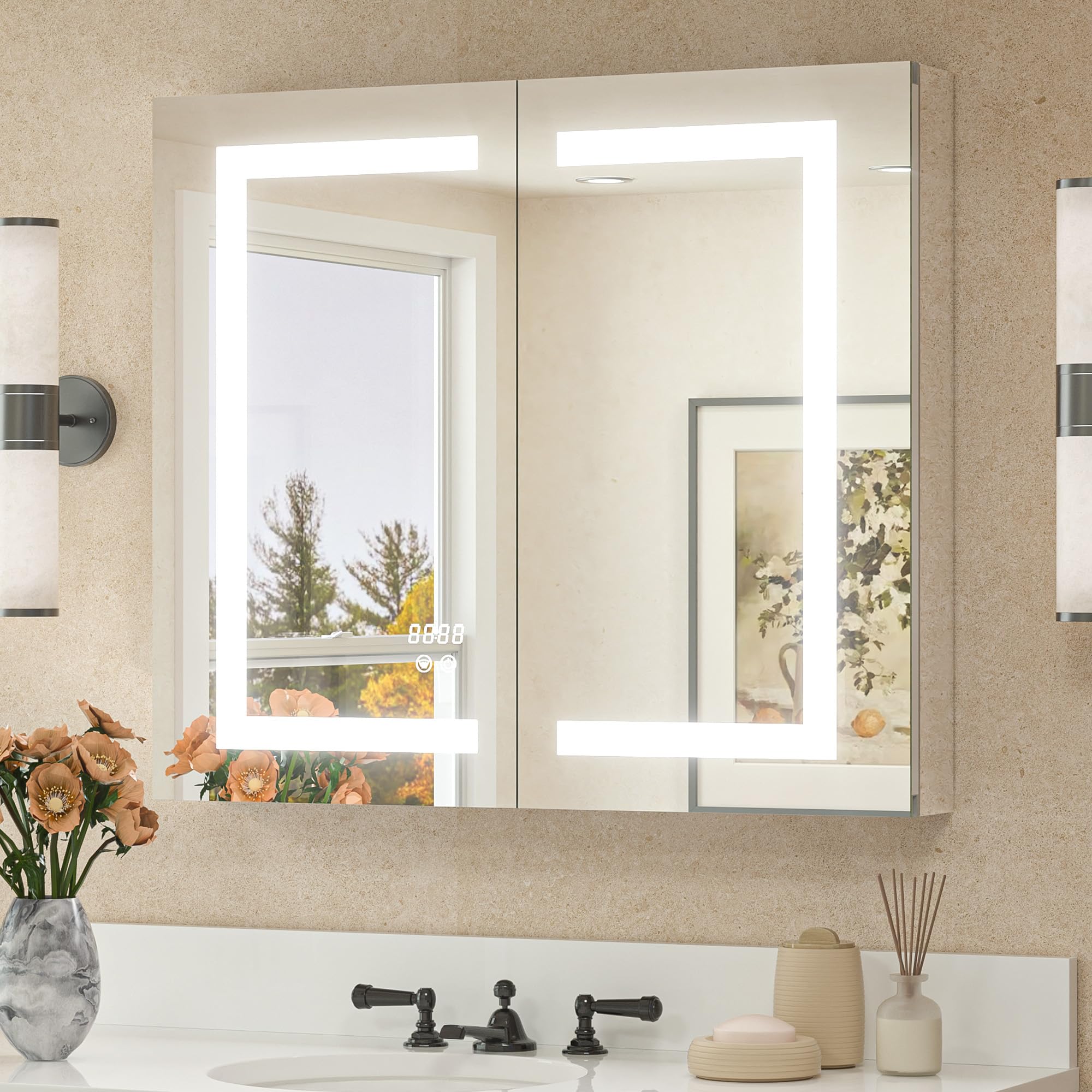 Photo 1 of TETOTE LED Lighted Medicine Cabinet with Lights 30 x 26 Recessed or Surface Mount Cabinet Mirror for Bathroom Wall, 2 Door Tempered Glass Led Vanity Cabinet, Outlets & USB, 3-Color Dimming, Anti-Fog