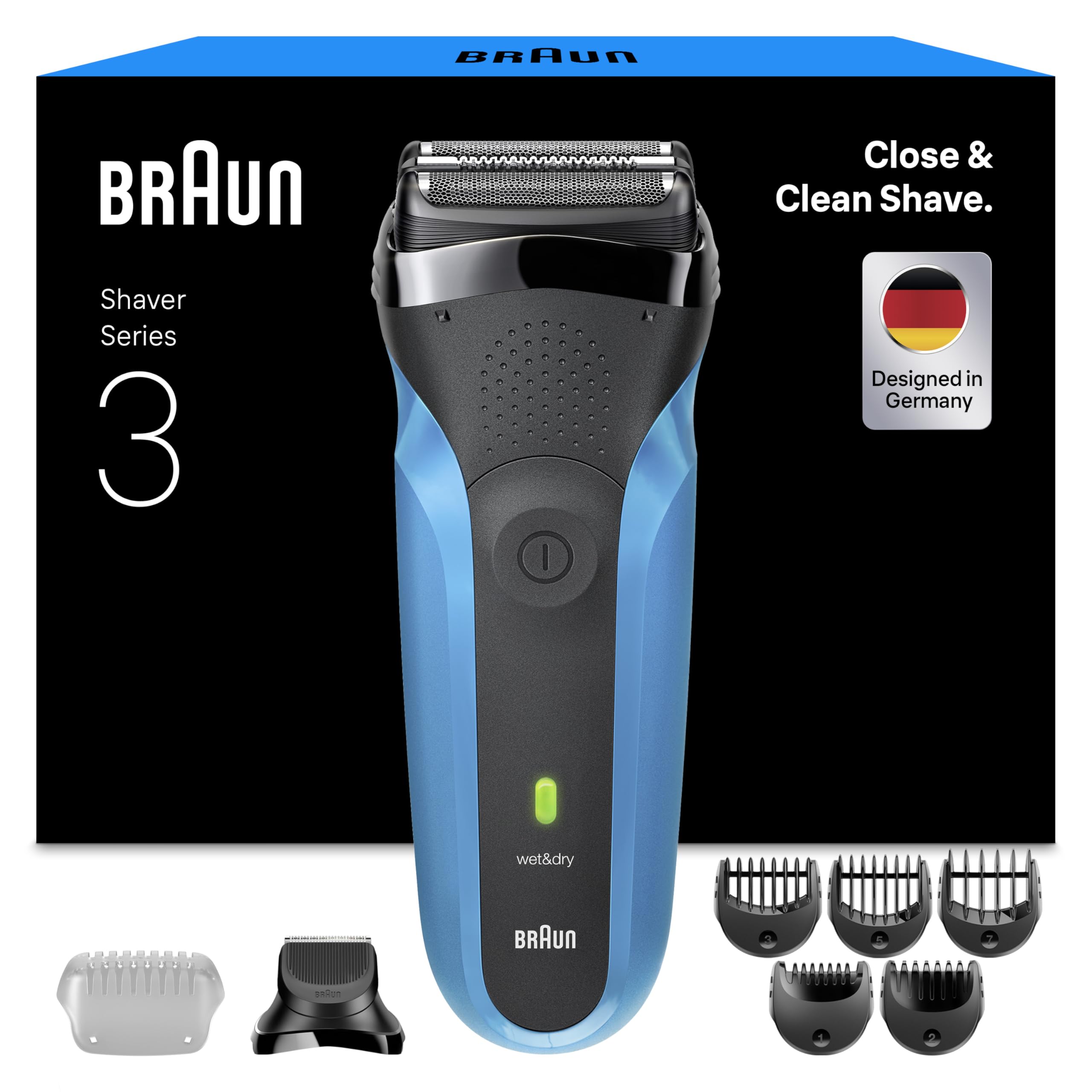Braun Afeitadora Eléctrica Hombre Series 3, Máquina De Afeitar Barba En Seco Y Mojado, 2 Láminas, Cabezal De Recortadora De Barba, 30 Min De Autonomía, Carga Rápida, 310BT, Azul