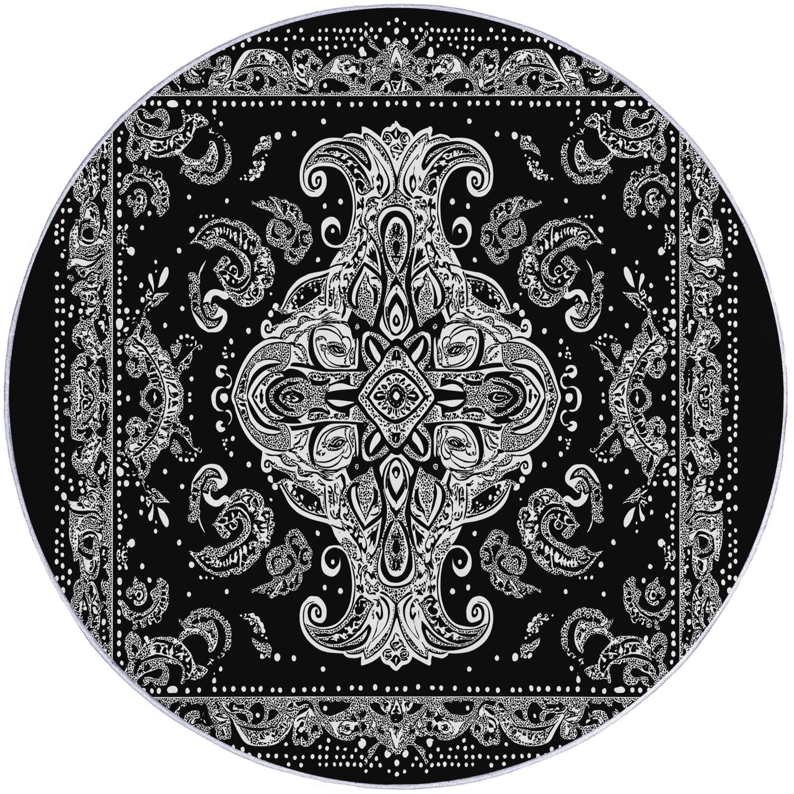 Tapis rond 160 cm de salon en motif cachemire doux noir et blanc premium