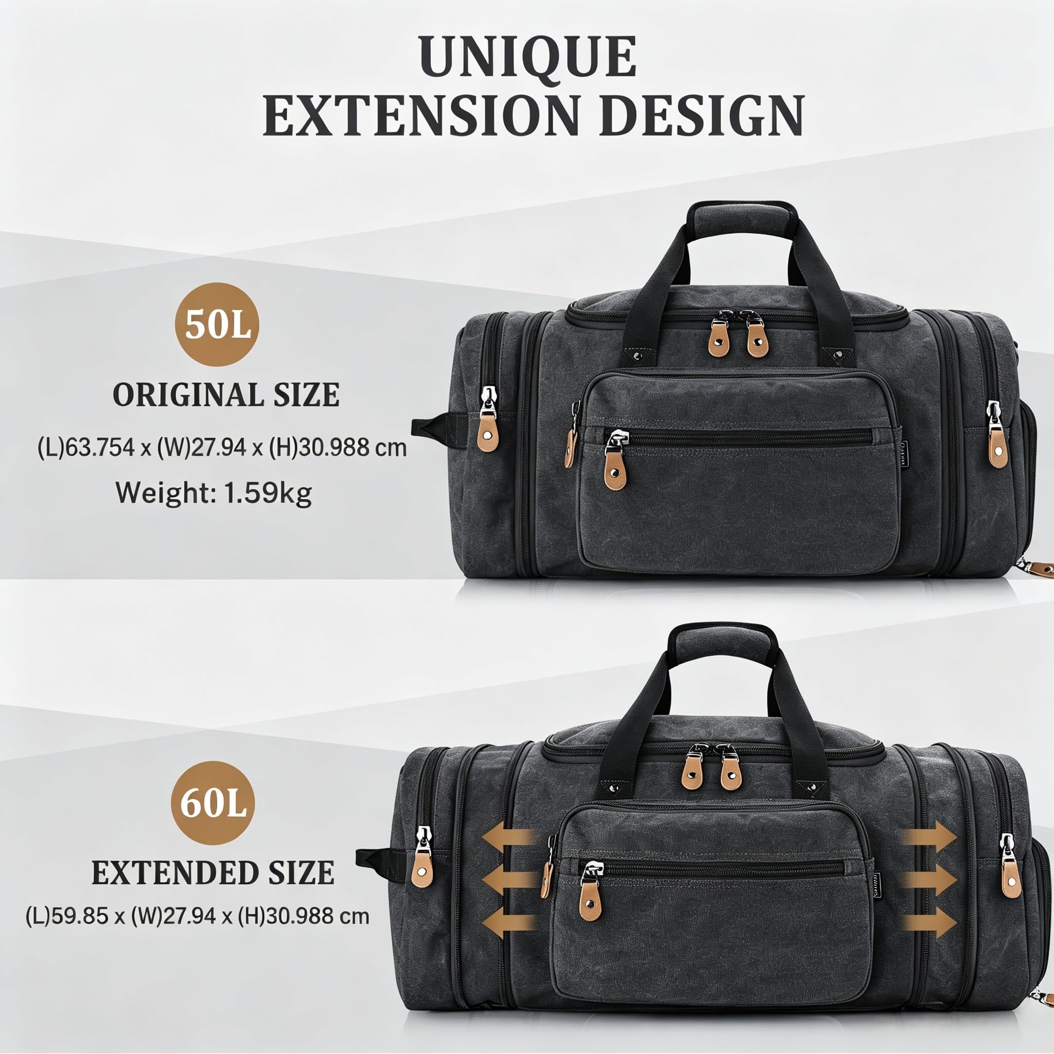 Gonex Canvas Reisetasche 60L Erweiterbar, Weekender Handgepäck | mit Schuhfach, Viele Fächer, Abnehmbarer Schultergurt, Doppelter Reißverschluss, Kurztrips, Herren & Damen, Dunkelgrau