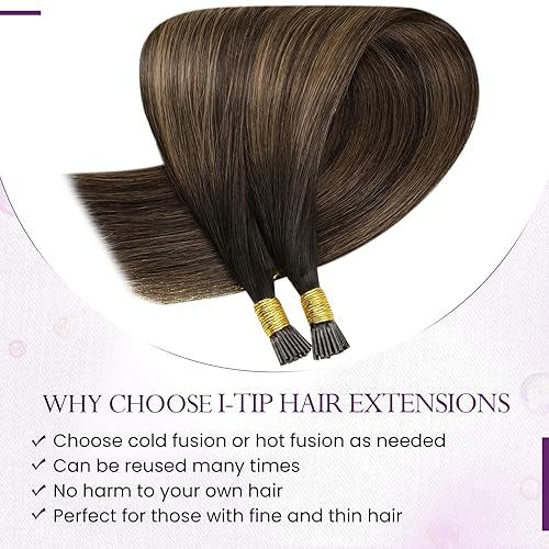 Miniatura 4 de LaaVoo Extensiones de cabello humano real con punta I Tip, color marrón oscuro, balayage, extensiones de cabello humano con punta I de fusión fría,