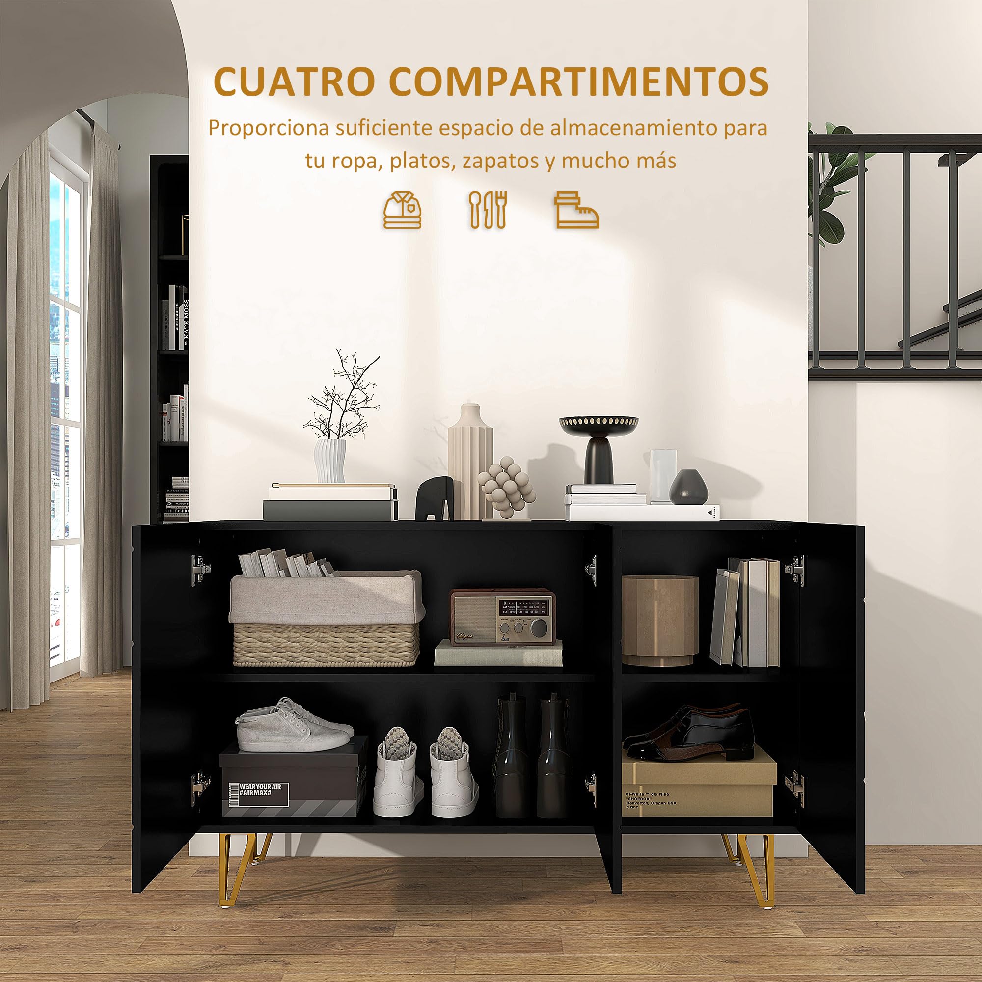 HOMCOM Aparador para Salón Aparador de Entrada con 3 Puertas y Estantes Ajustables Armario de Almacenamiento para Cocina Sala 120x40x75 cm Negro Brillo