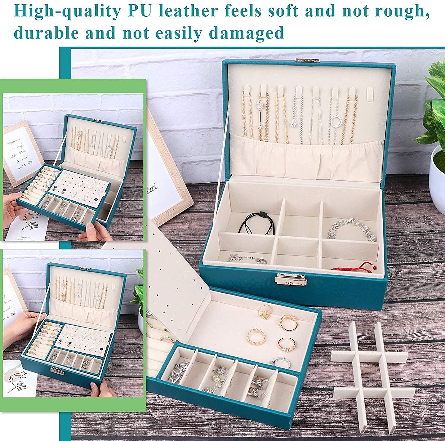 Schmuckschatulle, große kreative Schmuckschatulle für Damen und Mädchen, doppelschichtig, abschließbar, PU-Leder, Schmuck-Organizer, Aufbewahrungskoffer mit abnehmbarer Trennwand,