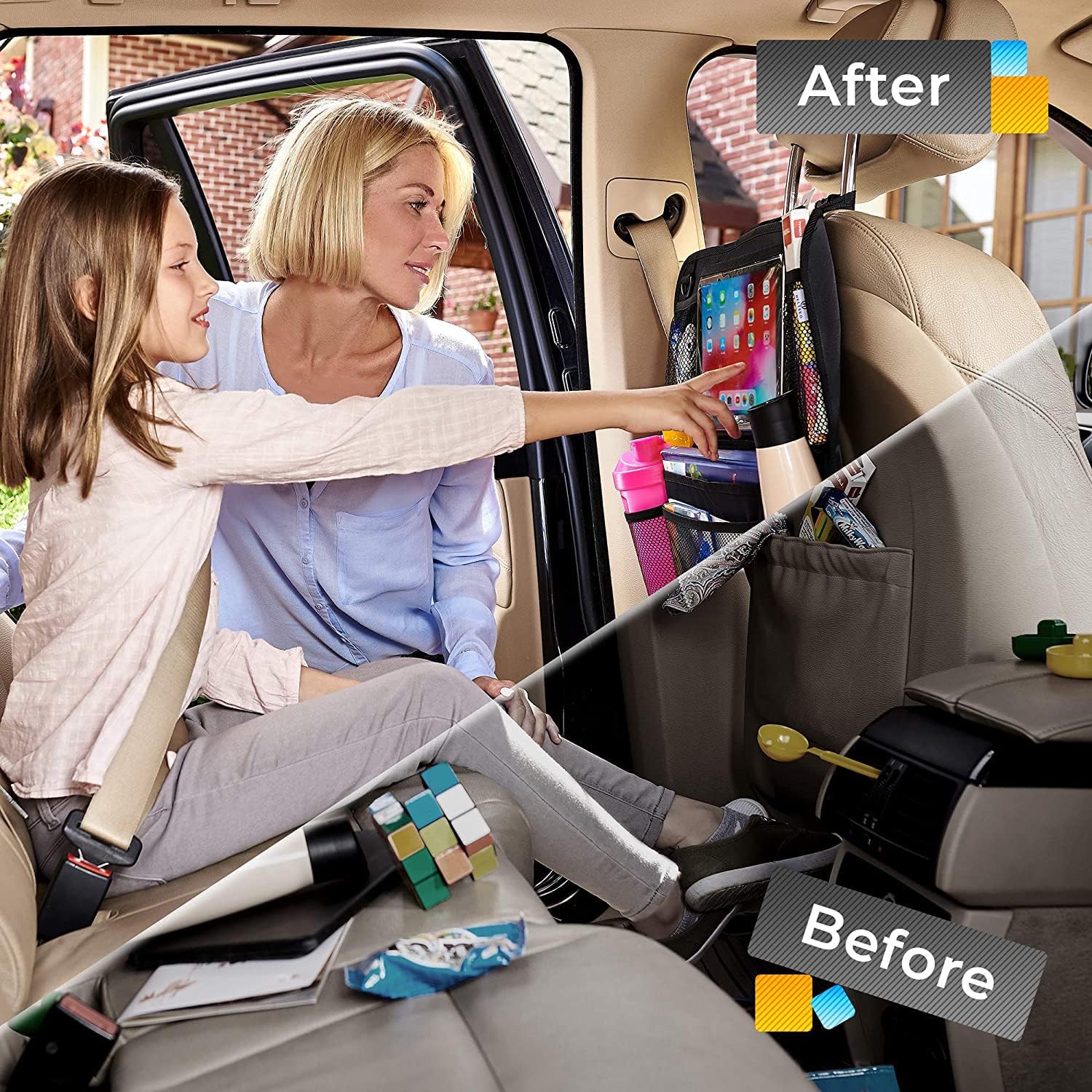 H Helteko Backseat Car Organizer, Kick Mats Back Seat Protector with Touch Screen Tablet Holder, Car Back Seat Organizer for Kids, Car Travel Accessories, Kick Mat with 9 Storage Pockets 2 Pack : Automotive