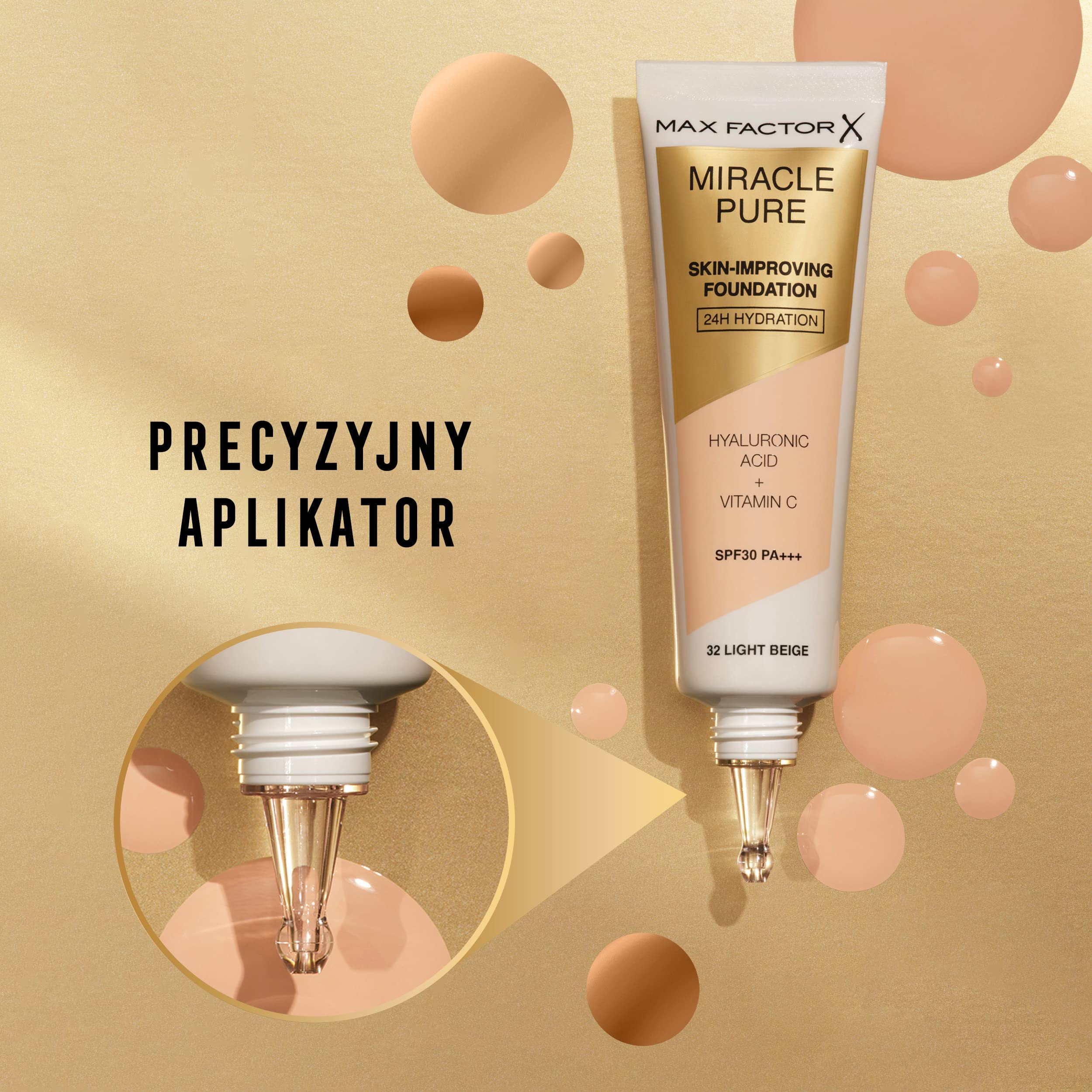 Max Factor Miracle Pure rozświetlający podkład odżywczy do twarzy z witaminą C i kwasem hialuronowym, fluid z filtrem SPF30PA+++ nr 75 Golden, 30 ml