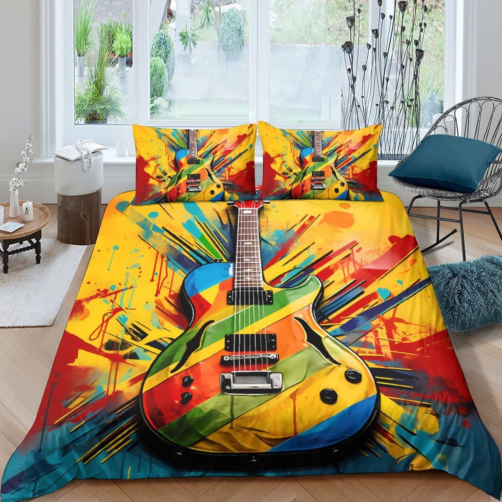 Ctjqhvkz Style-5 3D Printed Colorful Guitar Fitted Sheet Microfiber Soft Anti-Slip Abstract Art Bed Sheet For Bedroom Dorm Decor Single（135X200cm）