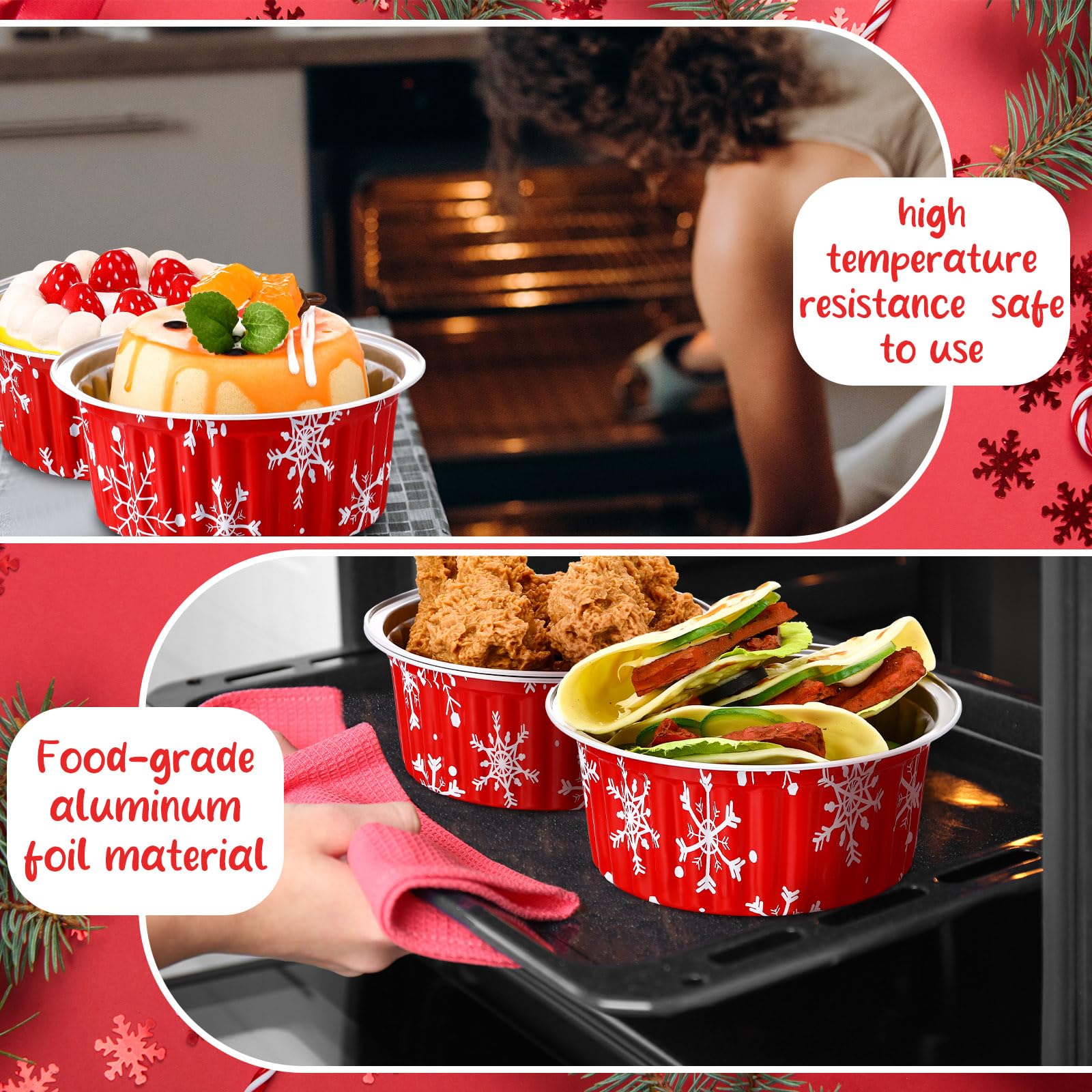 Ziliny 50 Stück 0,5 kg Weihnachts-Kastenformen mit Deckel, Weihnachtsschneeflocke, Aluminium, Brotbackformen, extra groß, 580 ml, Einweg-Kuchenformen, Backformen, Cupcake-Blechbehälter zum Backen von