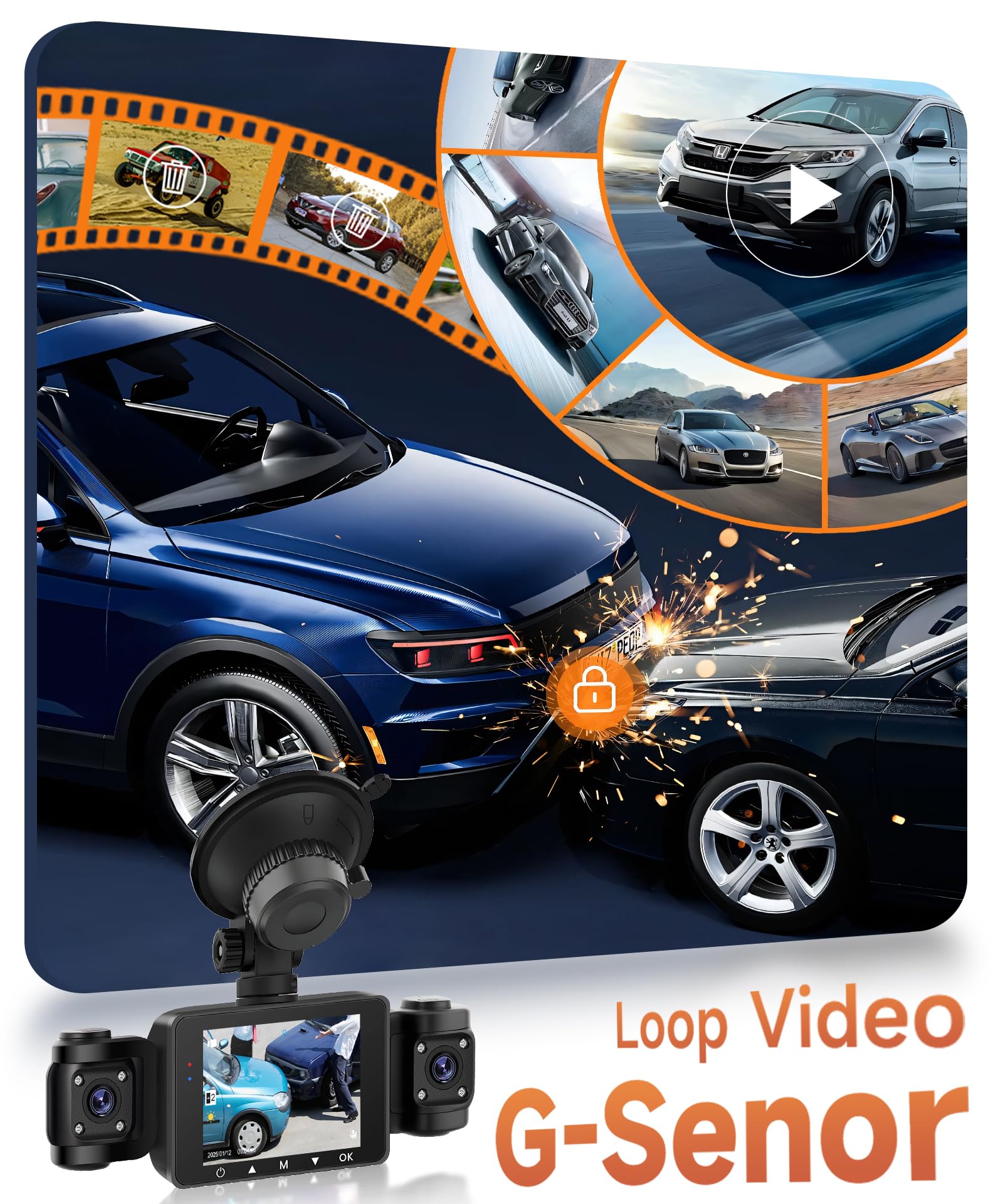 Rimoody 360° 4 Canali Dashcam Auto, 4 Telecamera HD 1080P Anteriore e Posteriore Sinistra Destra, 2.4 Pollici Schermo IPS Dash Cam con Visione Notturna IR/Loop video/24H Parcheggio Monitor/G-Sensore