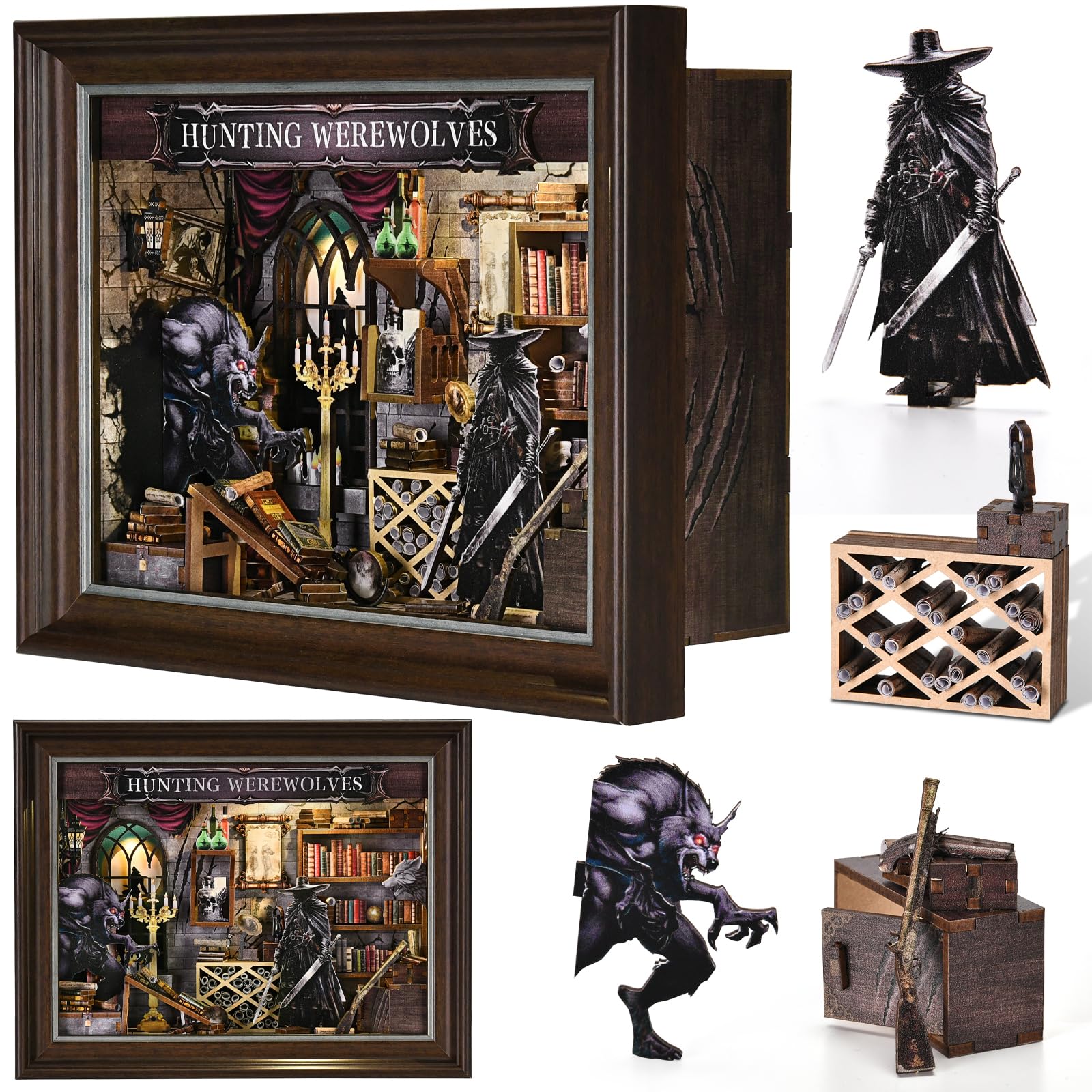 Book Nook Kit, Bilderrahmen Booknook Wandhalter 3D Puzzle Buchstützen | Miniatur Puppenhaus Bausatz DIY Holzpuzzle mit LED Licht, zur Bücherregals Zuhause Dekoration für Kreative Geschenk
