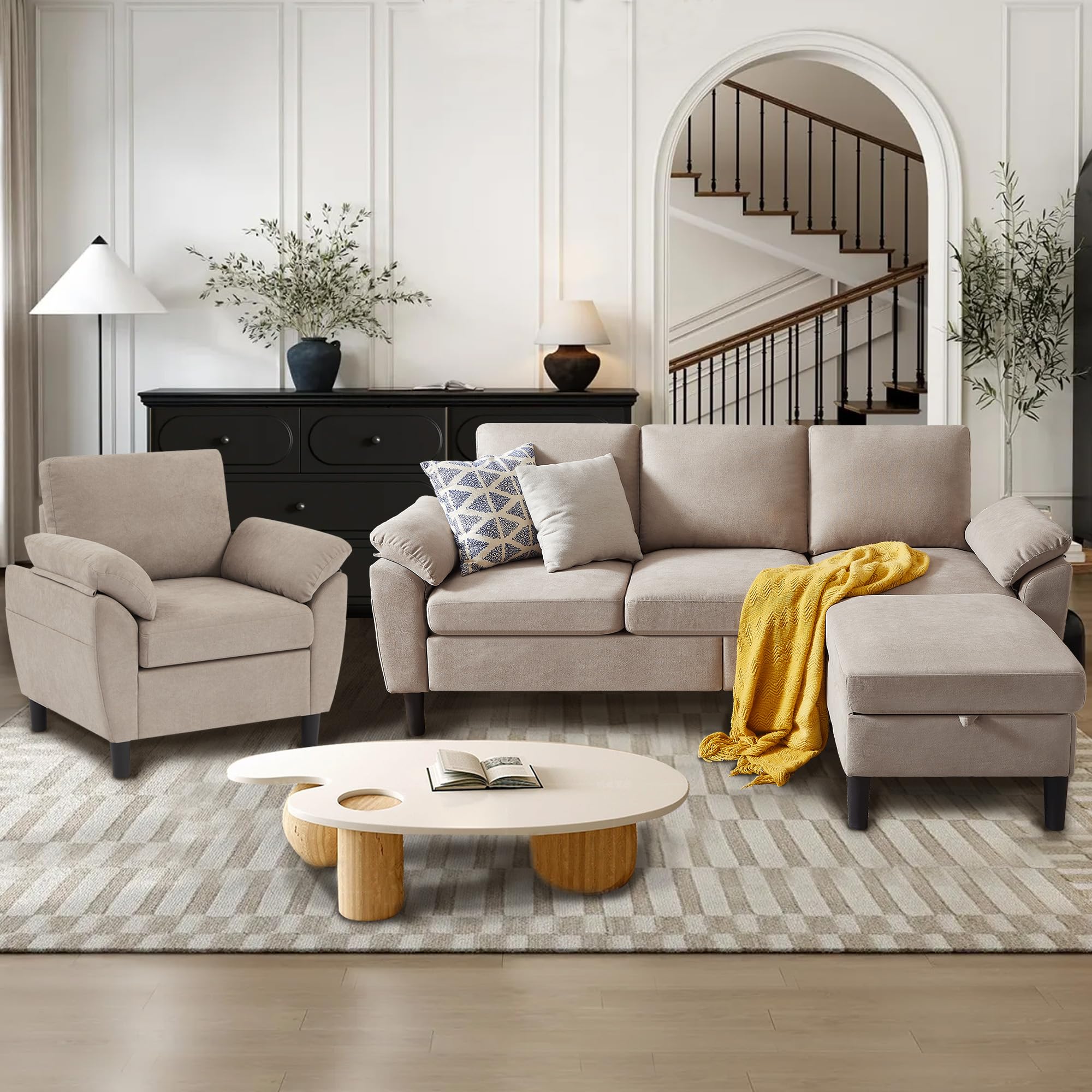 Chireca 3 Piece Convertible Sectional Sofa Set, Modern Linen Small L Shaped Couch with Reversible Ottoman and Accent Chair, 3-Seat Sofa Couches for