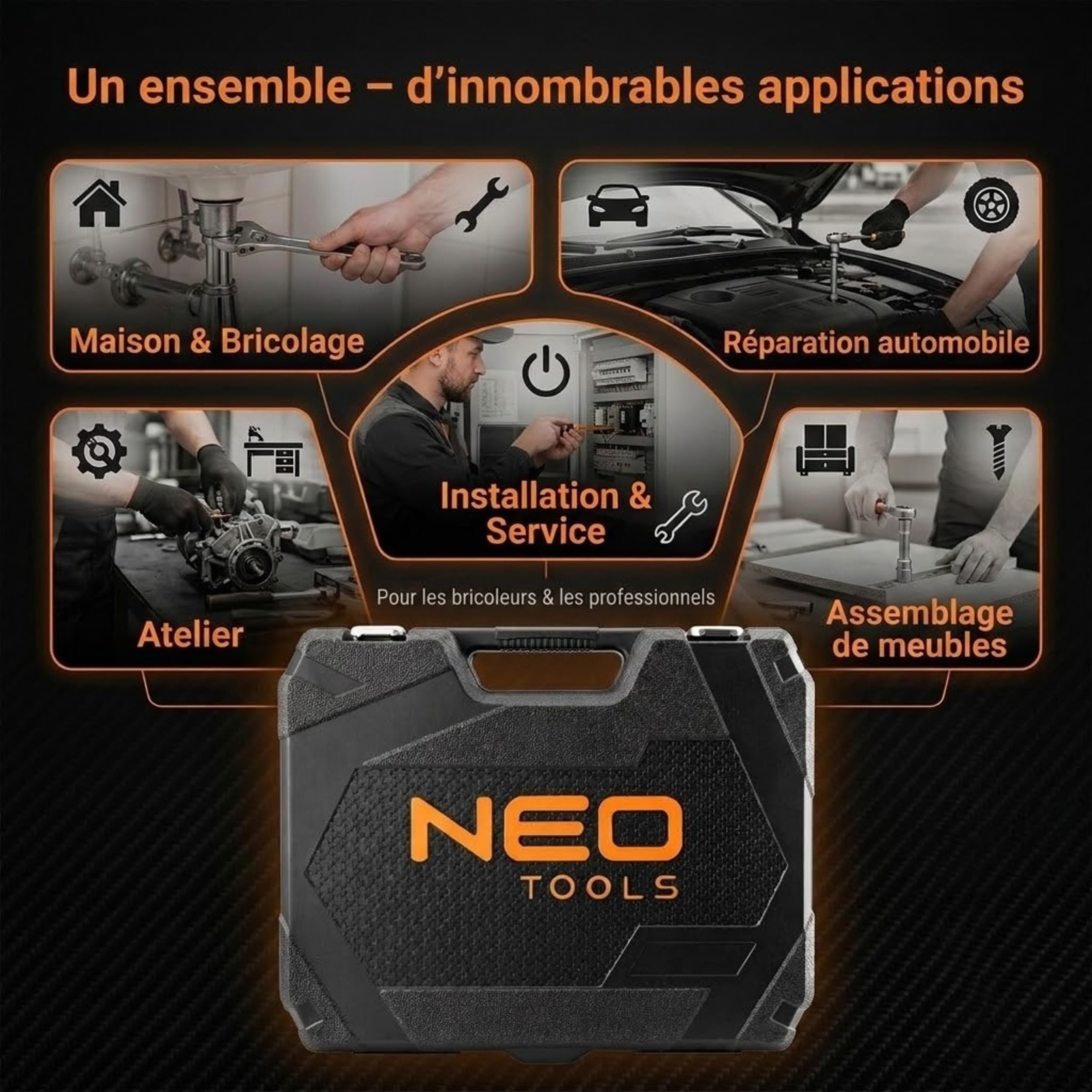 Mallette à outils professionnelle 56 pièces Neo Mallette à outils pour ménage 2 pièces - Mallette en plastique robuste - Outils à main - Grand assortiment de tournevis