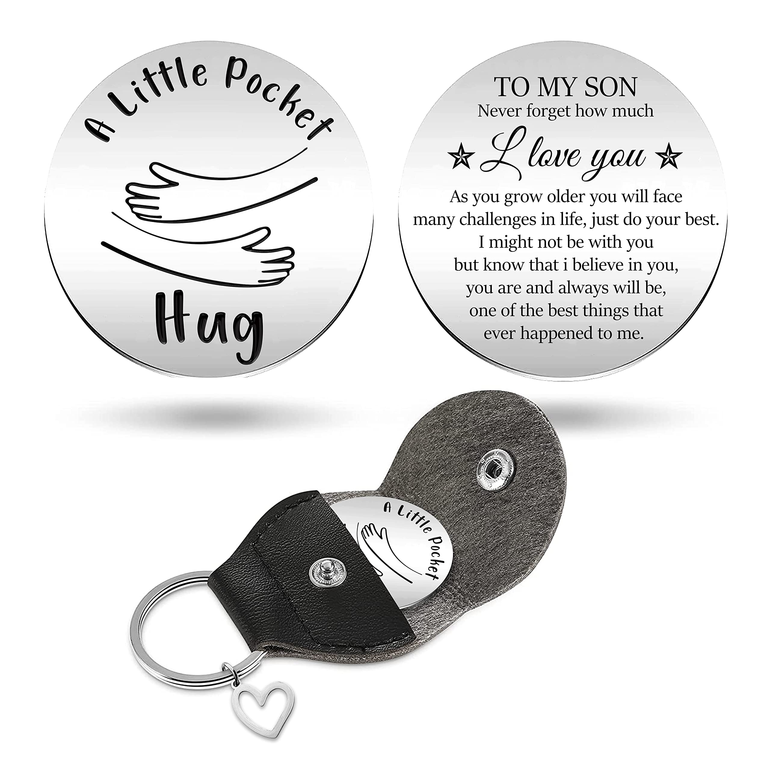 LRUIOMVE To My Son Pocket Hug Token with Leather Keychain, Inspirational Stainless Steel Double Sided Coin Long Distance Relationship Keepsake for Son Birthday Graduation Christmas Gift