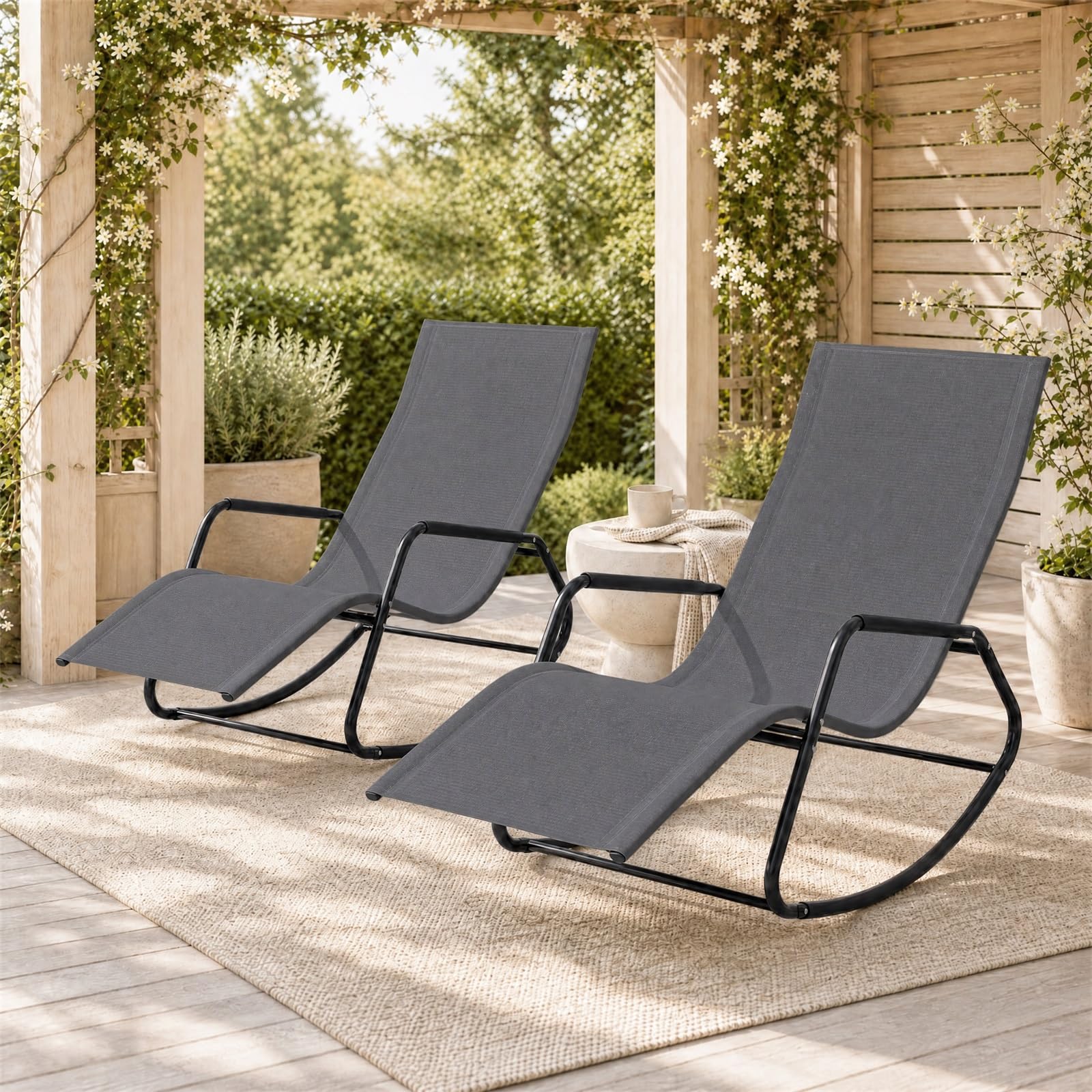 GOPLUS Chaise Longue à Bascule Métallique avec Tissu Respirant (Gris)