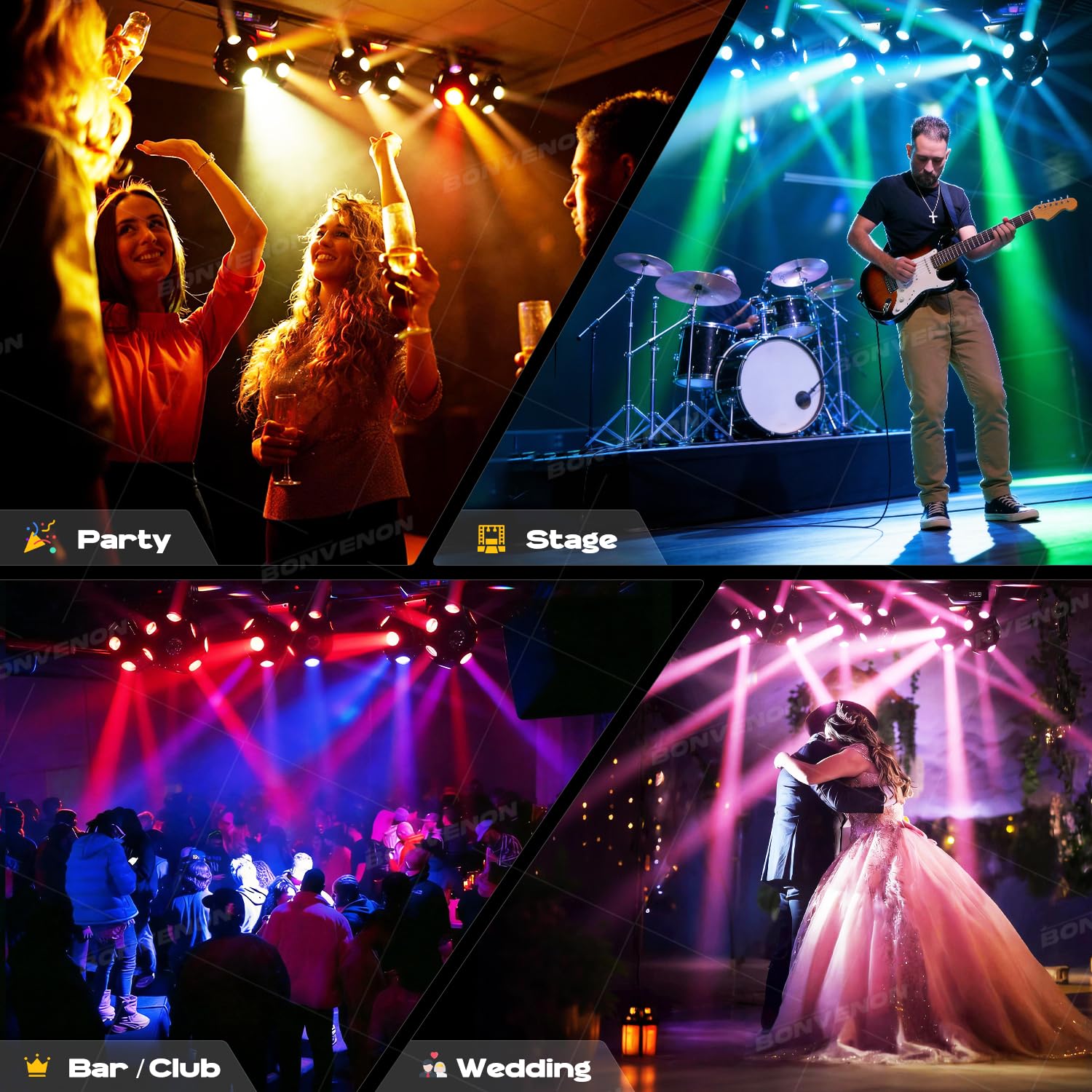 Lampe DJ à tête mobile avec LED RGBW et contrôle DMX – Éclairage de scène activé par le son pour club, fête, discothèque et événements de Noël
