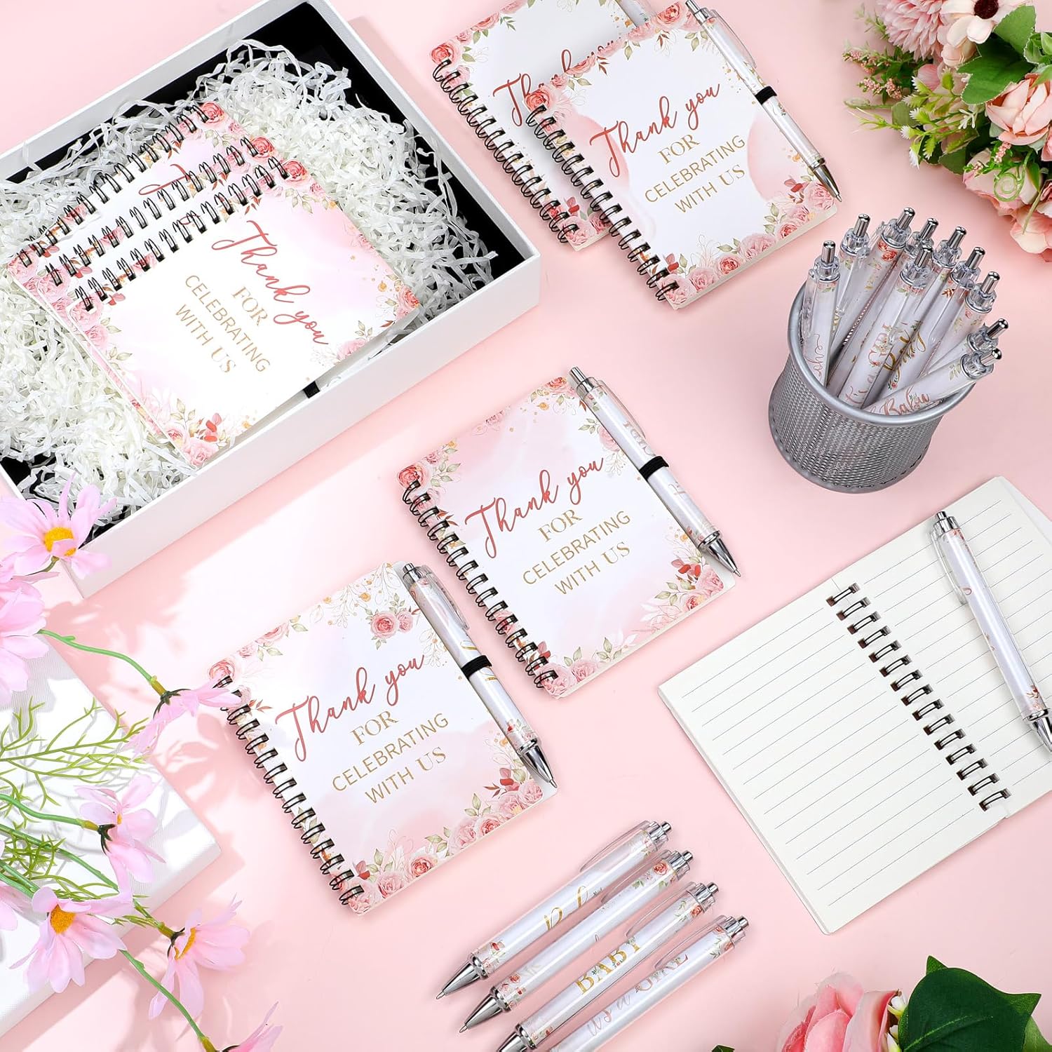 Skyygemm 60 pcs/30 Set Floral Baby Shower Favors Gifts for Guests Includes Floral Small Spiral Notebook Bulk Flower Retractable Ballpoint Pen for Baby Shower Gender Reveal Guest