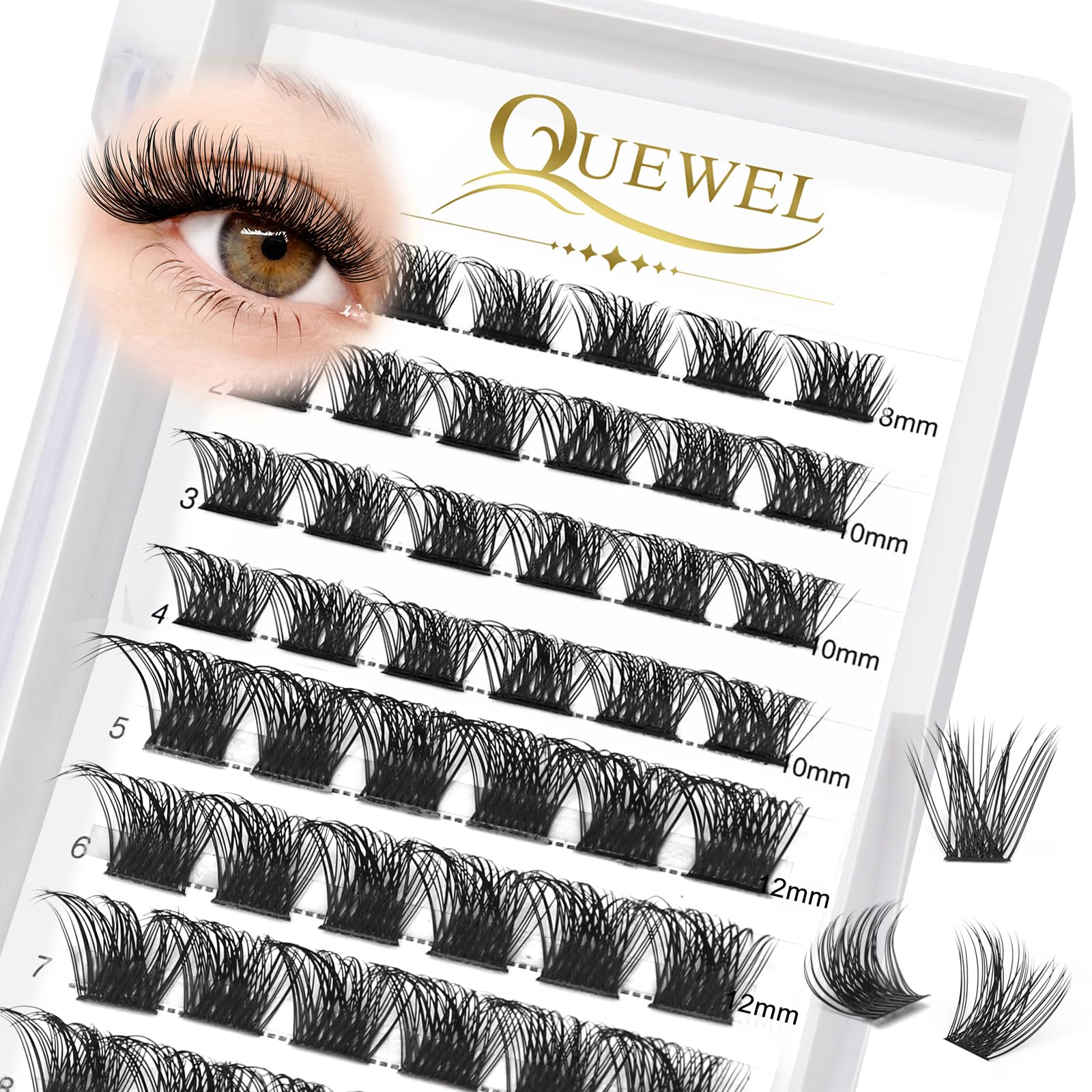QUEWEL Cluster-Lashes 72 Pcs Individual-Lashes Wide Stem C/D Curl 8-16mm Length DIY Eyelash Extension Individual-Cluster-Lashes Natural&Mega Styles for Personal Makeup Use at Home (Mega-D-MIX8-16)