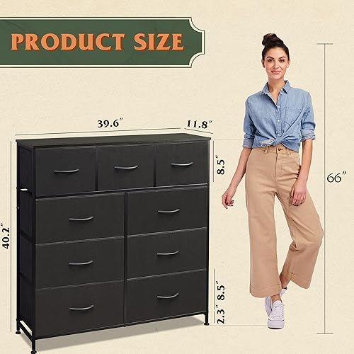Miniatura 3 de WLIVE Cajonera de tela de 9 cajones, torre de almacenamiento para dormitorio, pasillo, entrada, armario, unidad organizadora de cajones altos