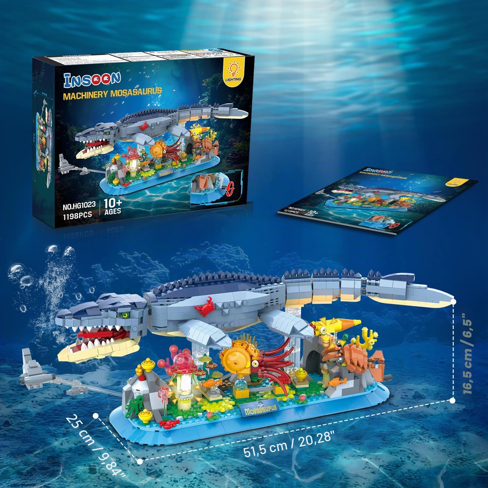 INSOON Mosasaurus giocattolo da costruzione con luce, 1219 pezzi di animali mobili, modello con bussole nautilusse, barriere coralline, blocchi di blocco per la casa, regalo per adulti e ragazzi 12+