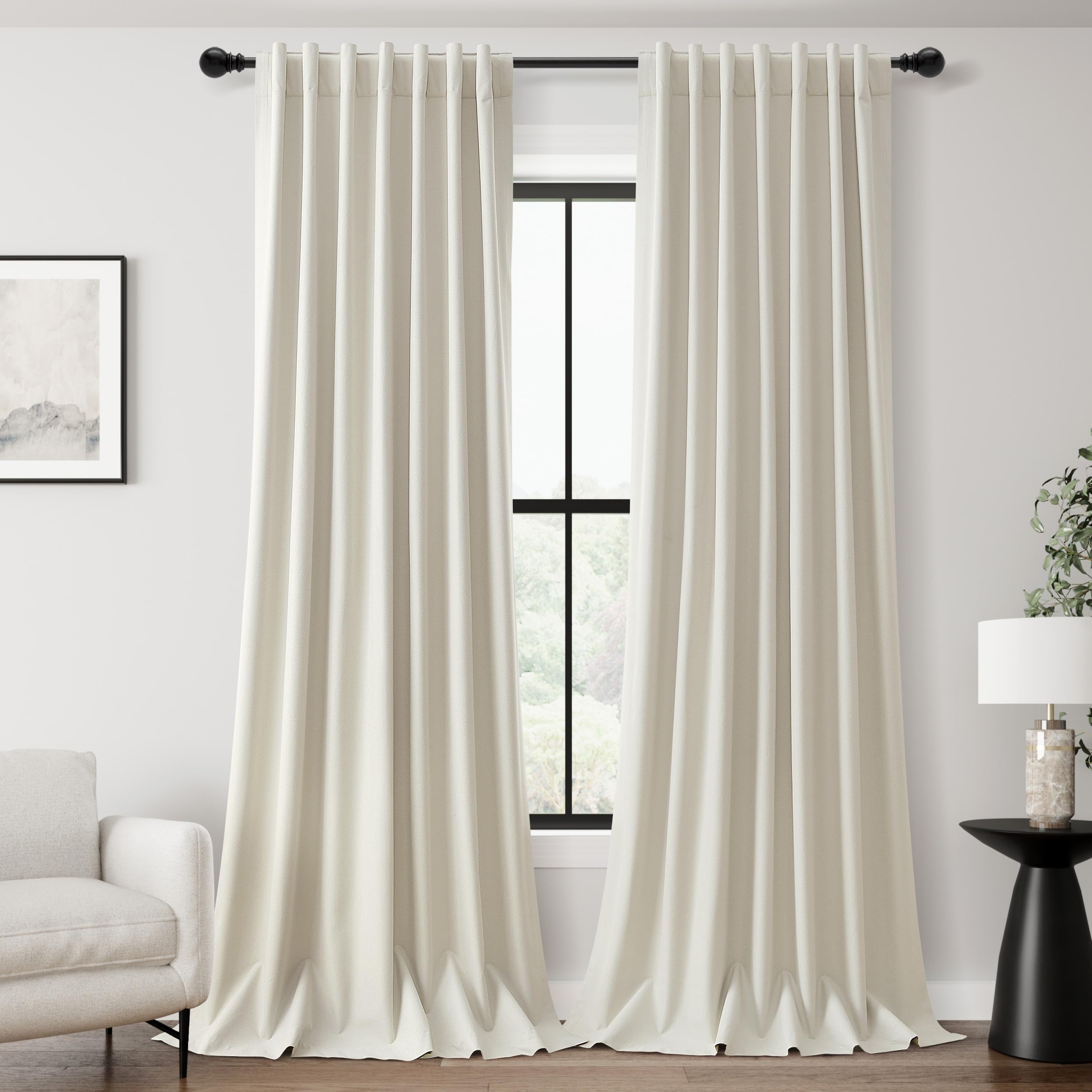 Cream Linen Blackout Curtains 108 Inches Long for Living Room 2 Panel Set Back Tab Neutral Elegant Cotton Textured Boho Farmhouse Living Room Black