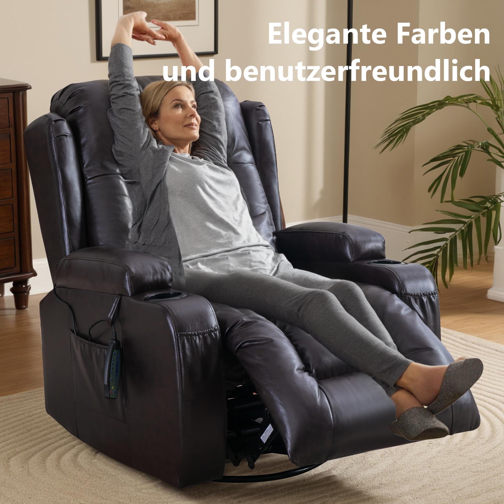 Relaxsessel mit Liegefunktion, Massagesessel mit Wärmefunktion, 360° Drehbarer Fernsehsessel Wohnzimmer, Schaukelstuhl mit Kissen/Seitentaschen/Getränkehalter (Rötlich-braun)