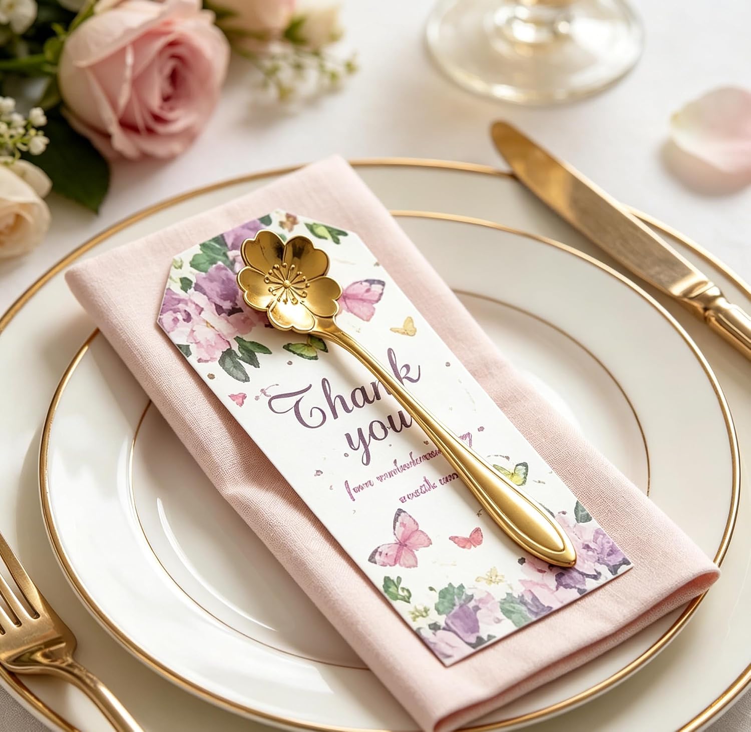 48 Set Tea Spoon Party Favors Gold Flower Tea Spoons Bulk with Thank You Cards Gift Bags for Bridal Shower Party Wedding Souvenir Gift