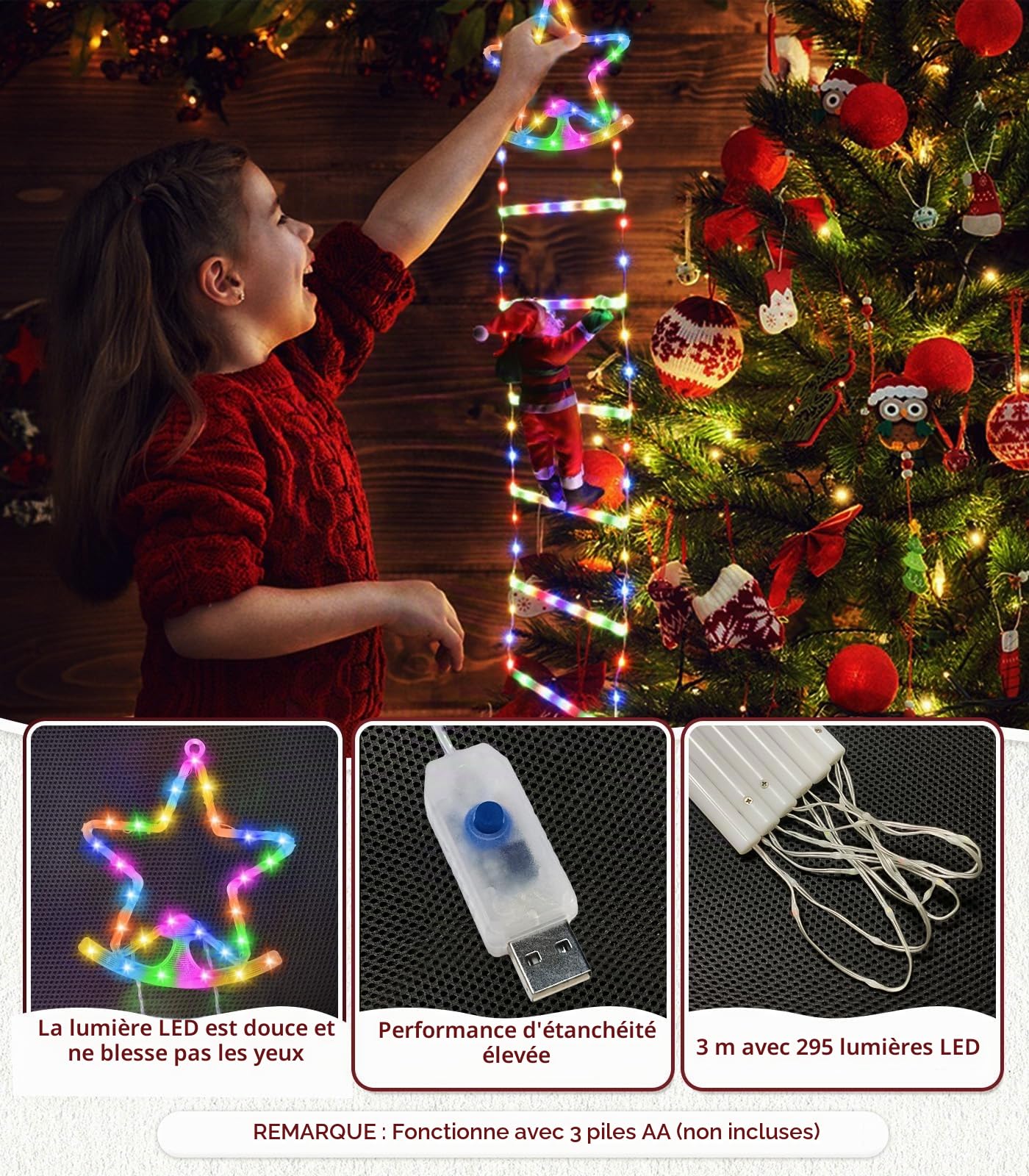 Guirlande Lumineuse Échelle Père Noël, 3 m LED Rideau Lumineux Decoration Noel Etoile Guirlande Lumineuse USB, 8 Modes Christmas Lights avec Père Noël Minuterie Étanche pour Exterieur Interieur