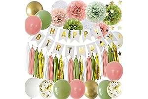 Sage Green and Retro Pink Happy Birthday Party Decorations White Rose Avocado...