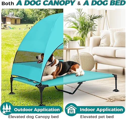 Miniatura 5 de Cama para perros al aire libre con toldo y 4 estacas resistentes al viento, cuna elevada para mascotas con tienda de campaña de sombra extraíble,