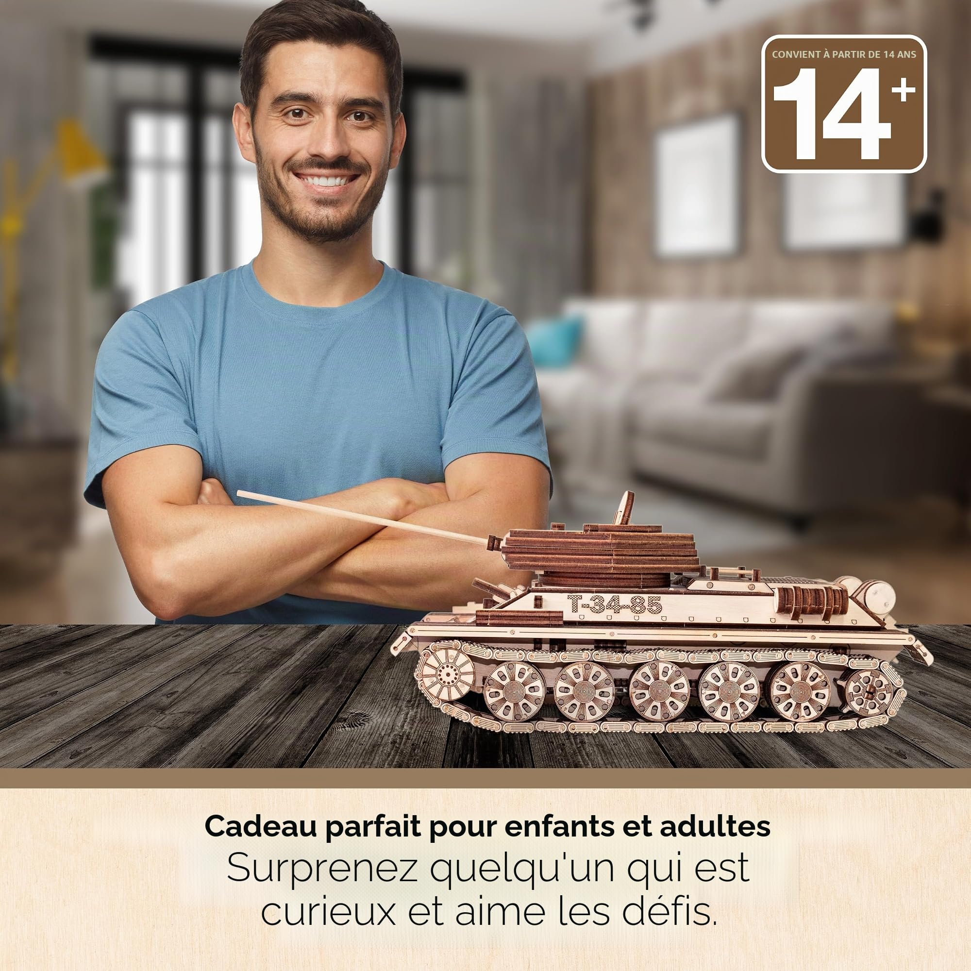 EWA Eco-Wood-Art - Char Militaire T-34-85 - Puzzle 3D mécanique en Bois - Puzzle pour Adultes et Adolescents - Assemblage sans Colle - 965 pièces