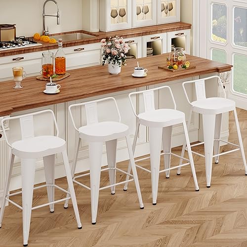 ALISH Juego de 4 taburetes de bar de 24 pulgadas, taburetes de bar industriales de metal con asiento grande para isla de cocina (24 pulgadas, blanco)