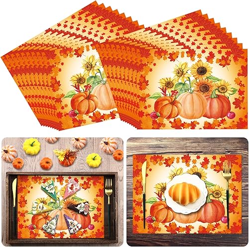 36 manteles individuales de papel desechables de Acción de Gracias, manteles individuales de otoño, girasoles de otoño, hojas de arce, calabazas,