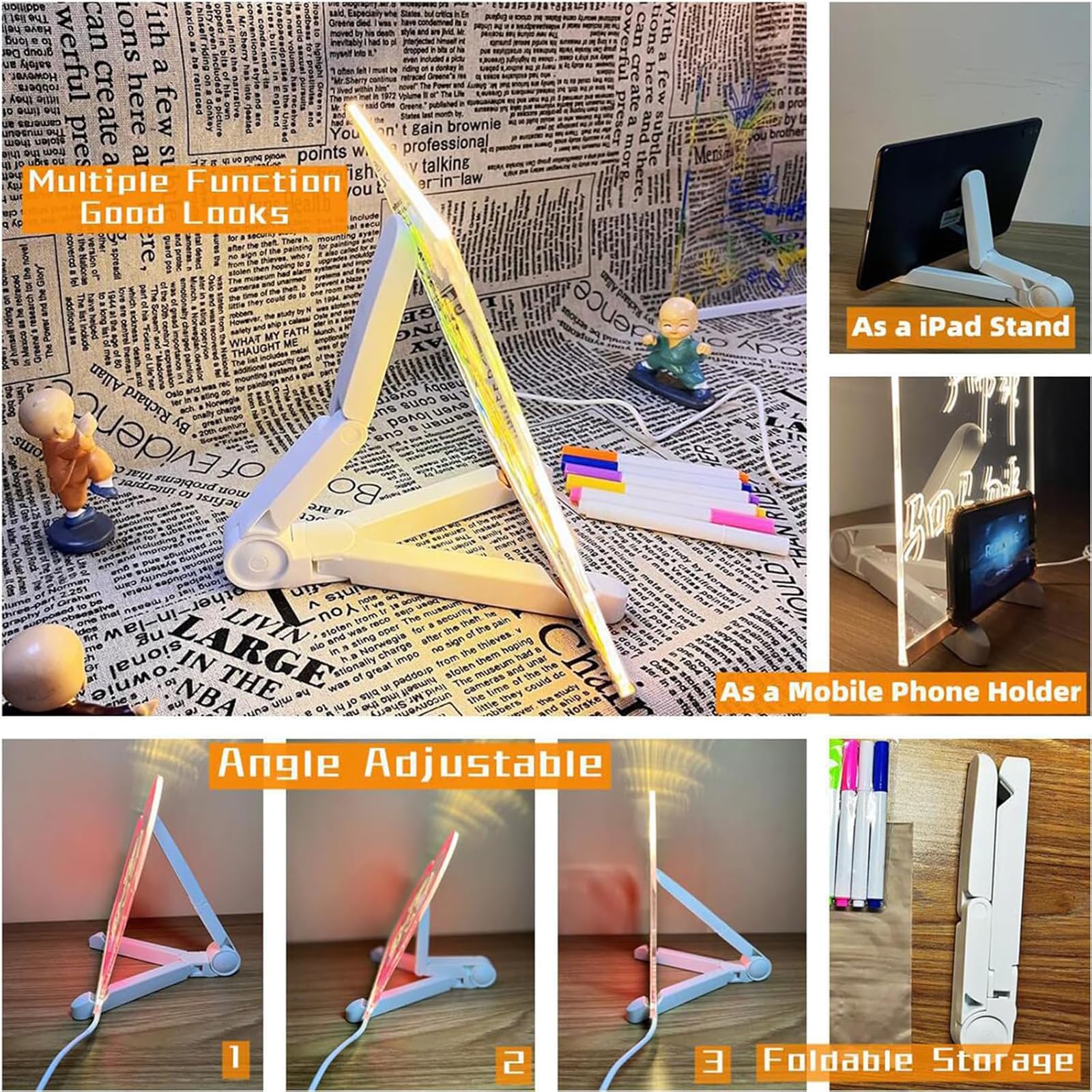Tableau de Notes LED avec Couleurs, Tableau de Message Lumineux en Acrylique 7 Couleurs avec Stylet/Support, Tableau de Dessin et Écriture LED pour Enfants, Tableau de Gribouillage Artistique pour