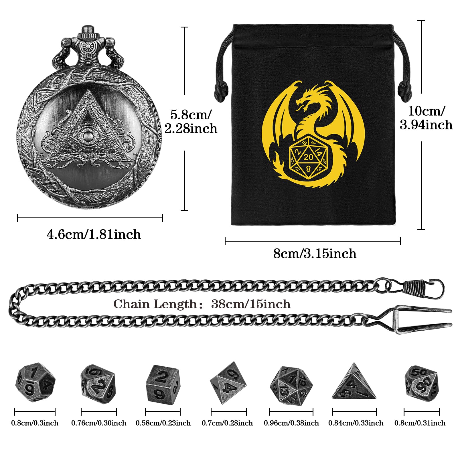 Mini DND Dice Set, with Steampunk Triangular Eye Pocket Watch Shell Case, 7-Piece Polyhedral Metal D&D Dice - Image 3