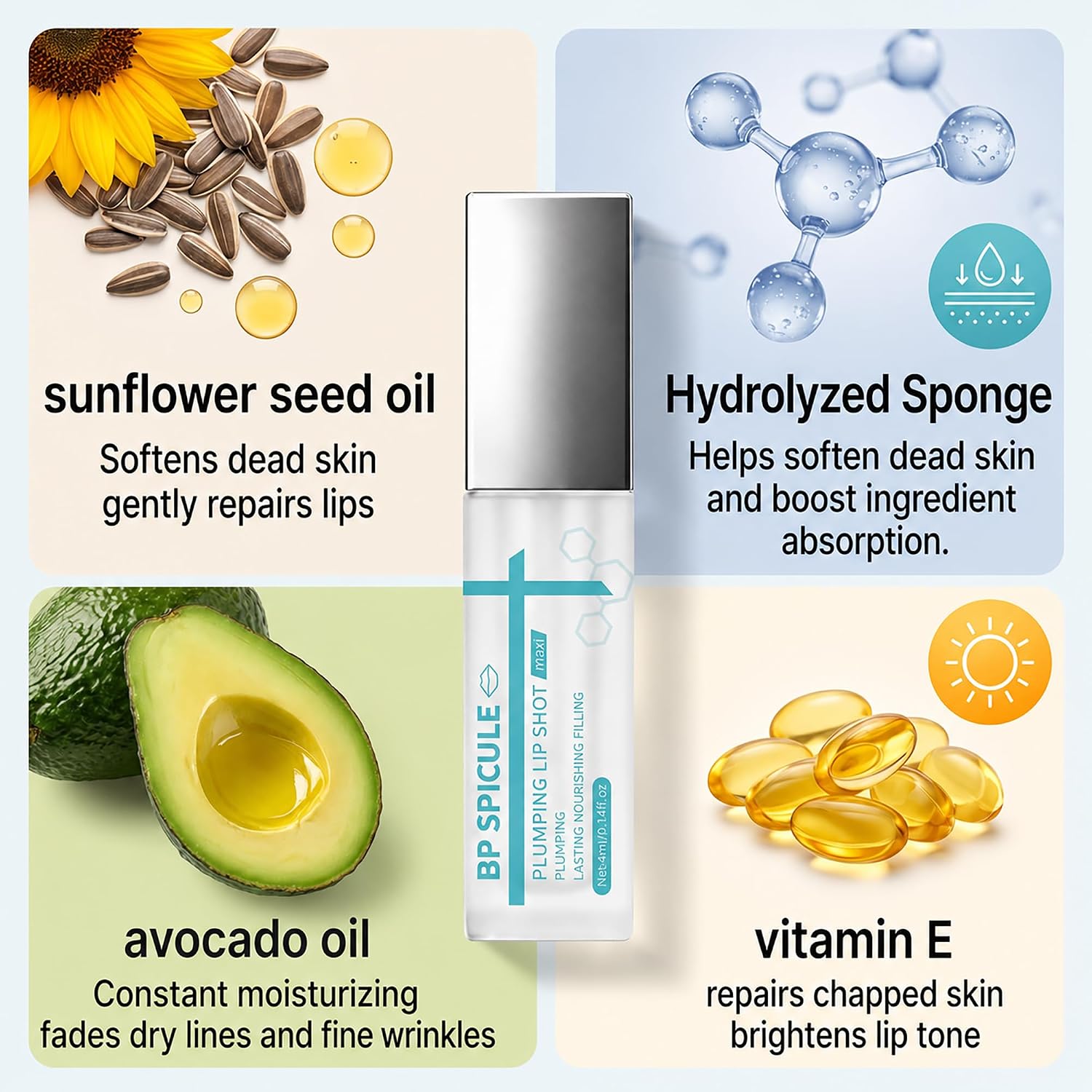 BP Spicule Plumping Lip Shot Maxi, Clear Exfoliating Hydrating Serum with Vitamin E, Removing Dead Skin & Smoothing Lip Lines for Dry Lips, Sheer Color High-Gloss Shine, 2PCS