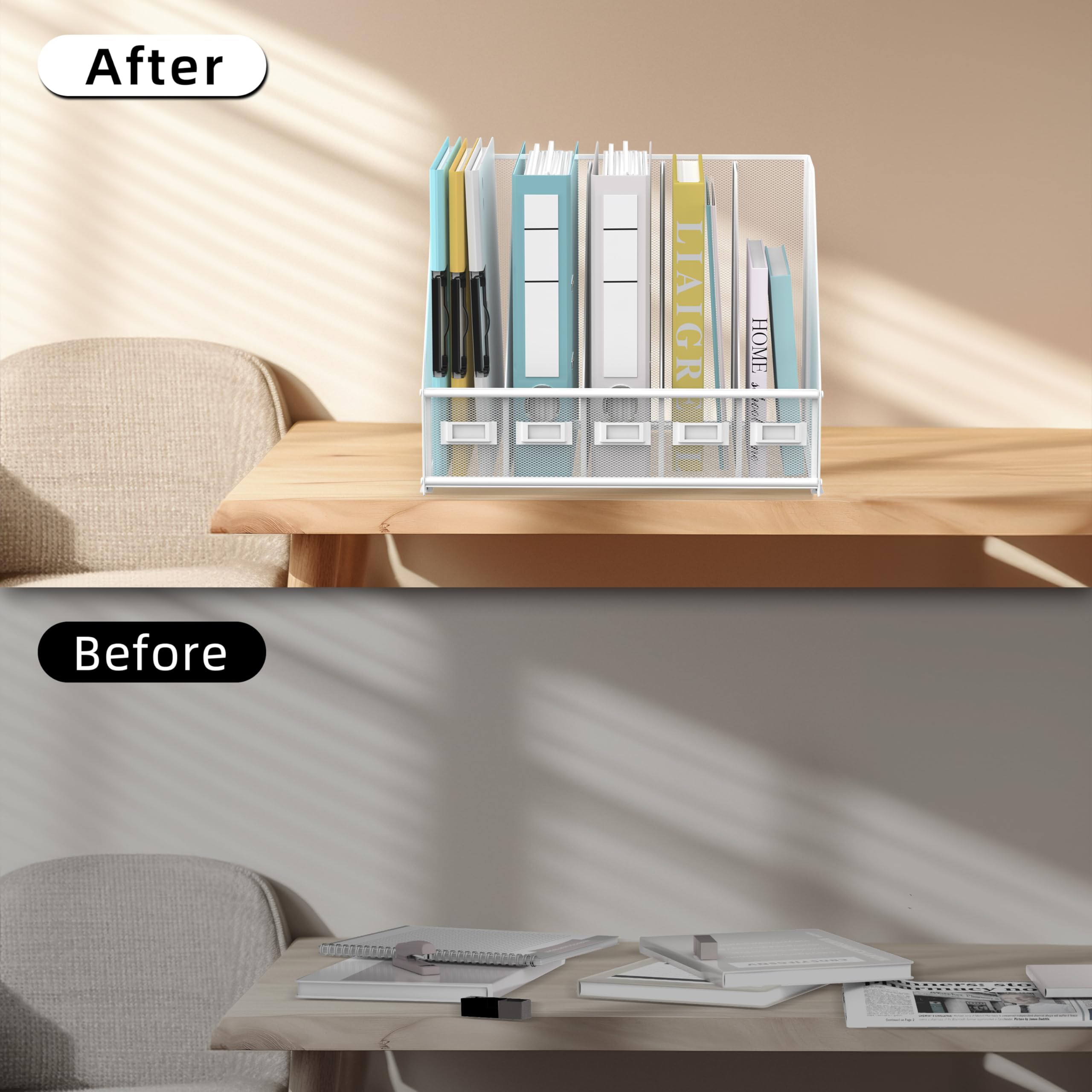 SUPEASY Schreibtisch Organizer Metall Schreibtisch Magazin Aktenhalter mit 5 vertikalen Fächern Rack Datei Organizer für Büro Desktop, Home Workspace, Weiß