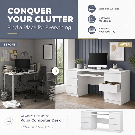 WHATSIZE ENTERPRISE Desk with Drawers White Desk with 6 Drawers Office Home