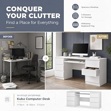 WHATSIZE ENTERPRISE Desk with Drawers White Desk with 6 Drawers Office Home
